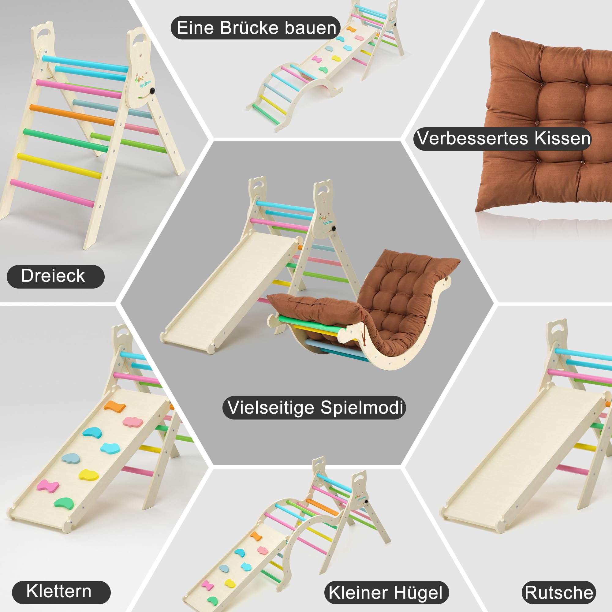 Klettergerüst Indoor Montessori Spielzeug ab 1.5 2 3 4 + Jahr, Upgrade 7-in-1 Kletterdreieck mit Rutsche, Kletterbogen, Kissen, Kletterwand, Geschenk Kinder Junge Mädchen, Regenbogen
