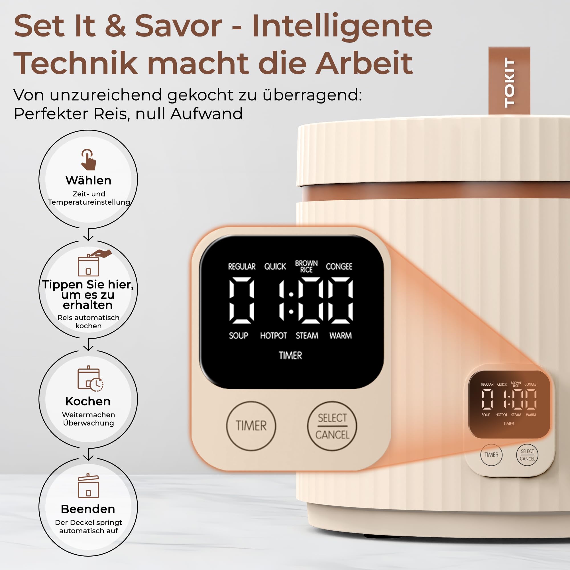 Tokit Rice Cooker Pro Reiskocher Klein Mini aber Multifunktionen mit Display-Touch-Taste für 1-3 Personen Keramisch beschichteter Antihaft-Innenreistopf(Weiß) – Bild 3