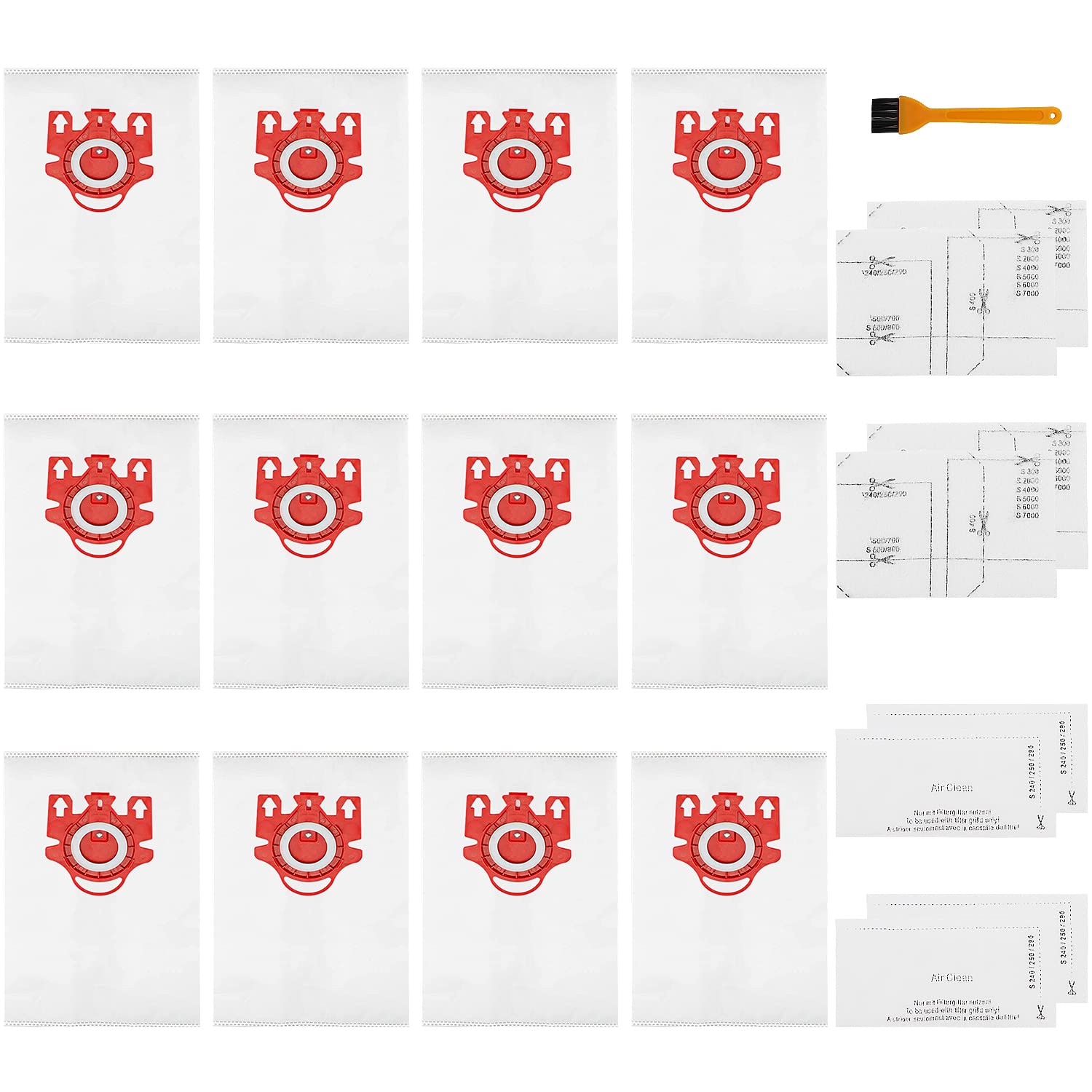 12 Pack 3D Airclean FJM Dust Bags for Miele Vacuum Cleaner, Compact C1, Compact C2, Complete C1, S241, S290, S300i, S500, S700, S4, S6 Series, with 4 Motor Protection Filters, 4 AirClean Filter