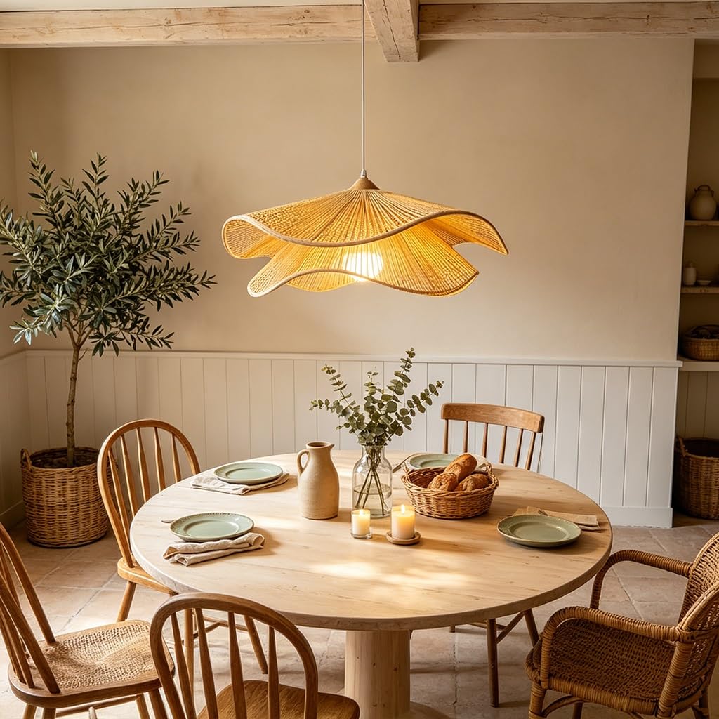 Lámpara Colgante De Ratán Tejido A Mano Forma Ondulada Estilo Boho Wabi Sabi Altura Regulable De Material Natural Para Salón Comedor Dormitorio Cocina Café Casa Rural