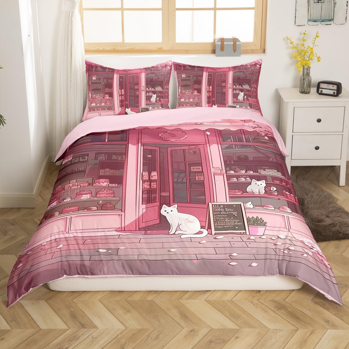jejeloiu Pink Cute Cat Duvet Cover Toddler Size Kids Cherry Blossoms Comforter Cover Set for Boys Girls Teens Japanese Sakura Flower Bedding Set Breathable Dessert Shop Bedspread Cover Quilt Cover