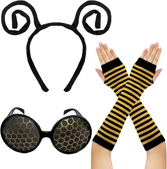 3 Pcs Insect Antenna Headdress and Glasses Bee Print Arm Guard Flying Wire Headband and Glasses Set Costume Accessories for Halloween Cosplay Party Gifts Women and Men