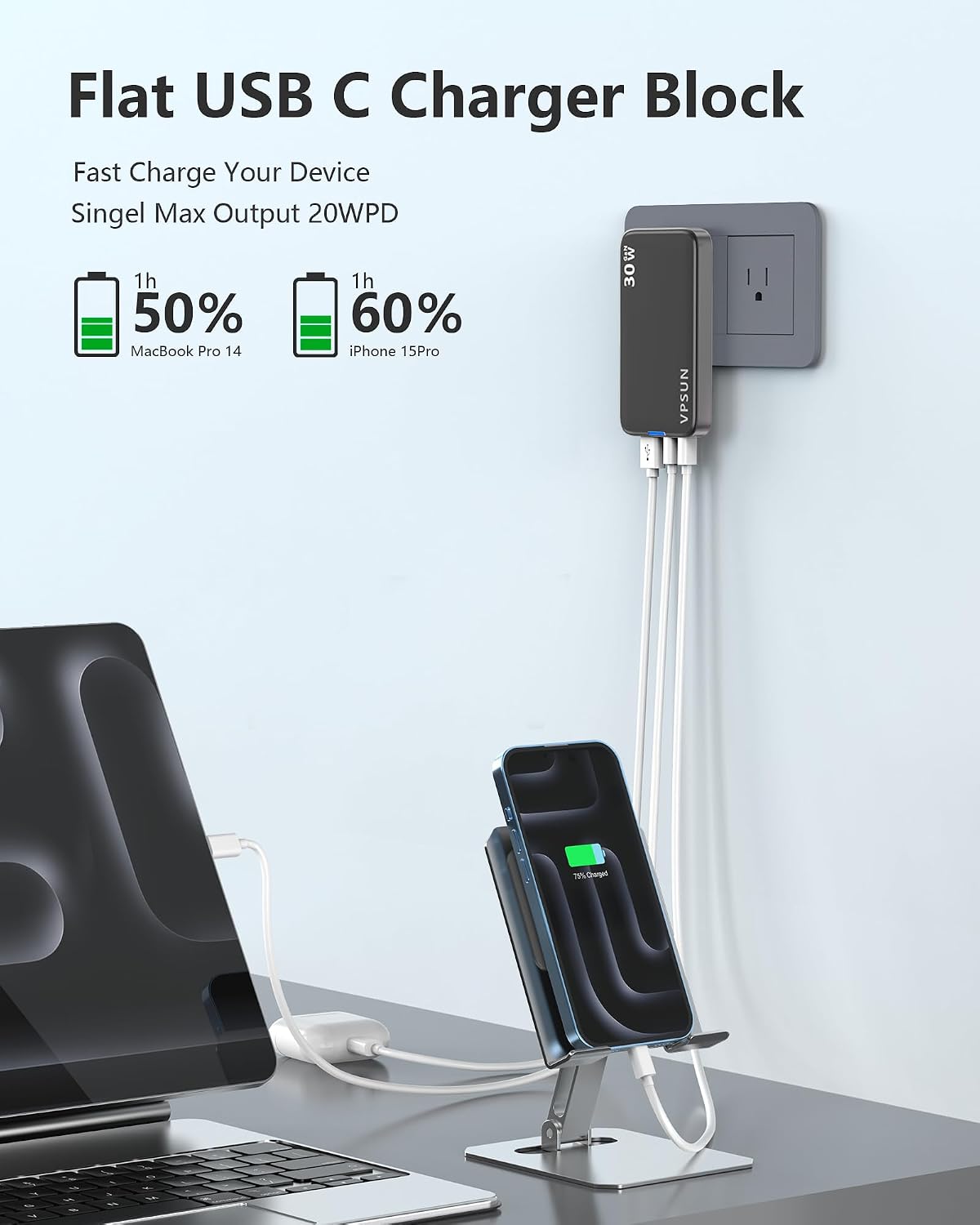Flat USB Wall Charger Block 30W - 3 Port PD20W Foldable USB Charging Block image 2