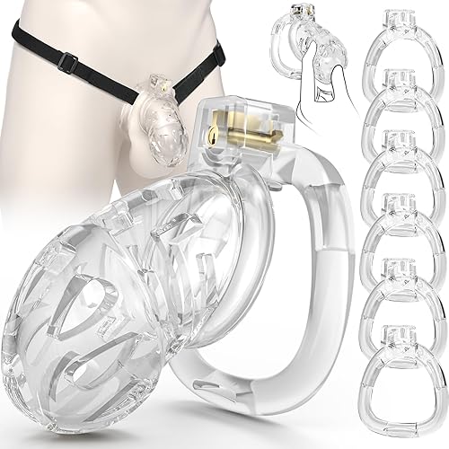 Miniatura 11 de Dispositivo de jaula de castidad masculina, jaula de silicona suave con 6 anillos de tamaño, correas ajustables, bloqueo de pene ligero, control