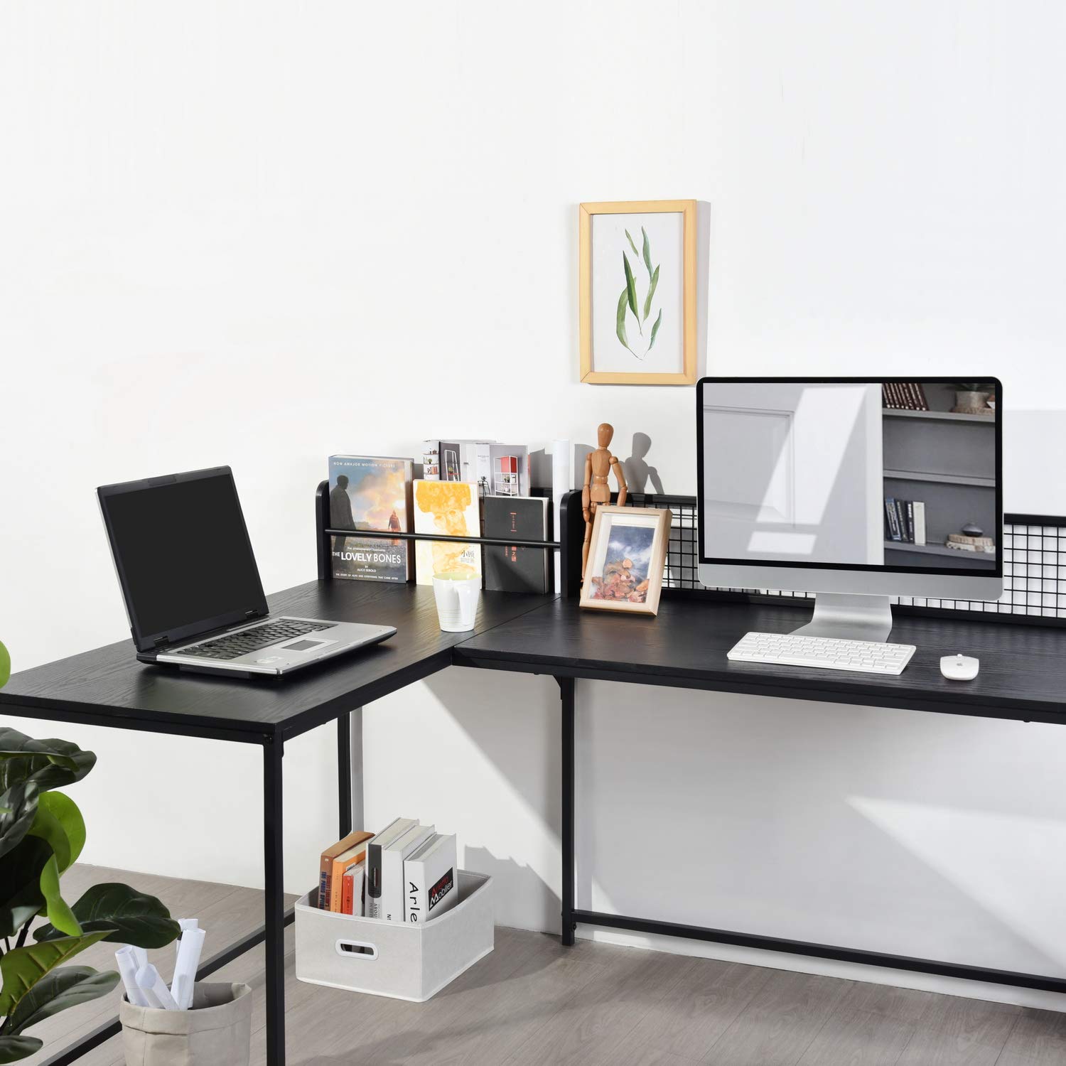 FurnitureR Escritorio esquinero en Forma de L, Mesa Industrial para computadora, Gran Superficie de Almacenamiento con Patas de Metal, estación de Trabajo para computadora, Escritorio de Estudio para