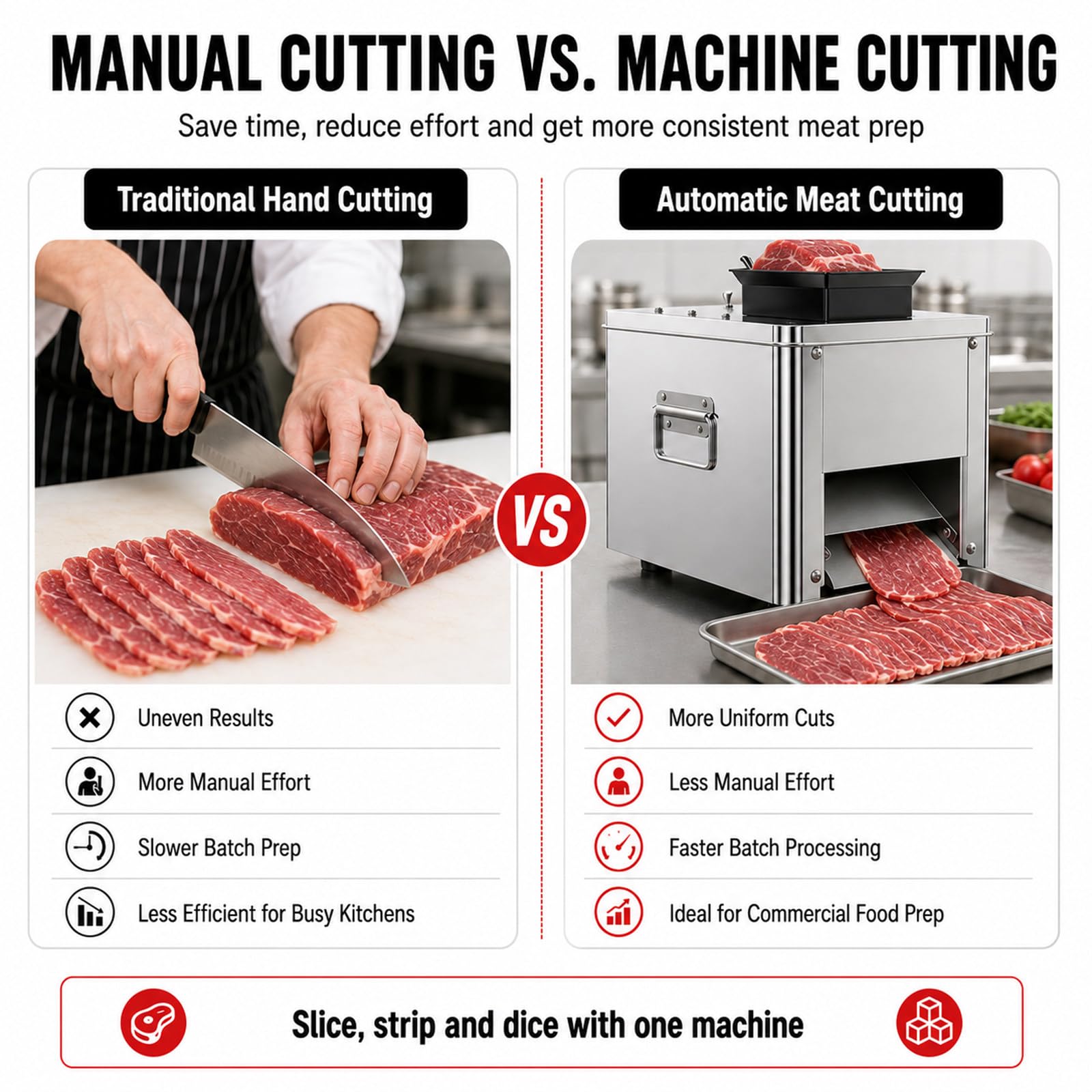 Cortadora de Carne para Cocina Profesional, 850W, Reduce el Tiempo de Corte Manual, Acero Inoxidable para Restaurante, Catering, Carnicería y Uso Diario 10mm