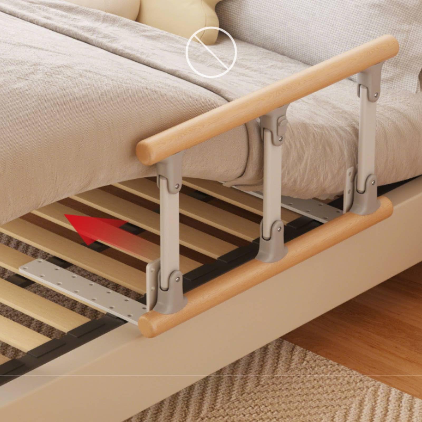 Protector Lateral Plegable sin Instalación Barandal Ajustable Agarre Firme para Ancianos, Pacientes, Barandilla De Cama De Madera Maciza De Tres Postes