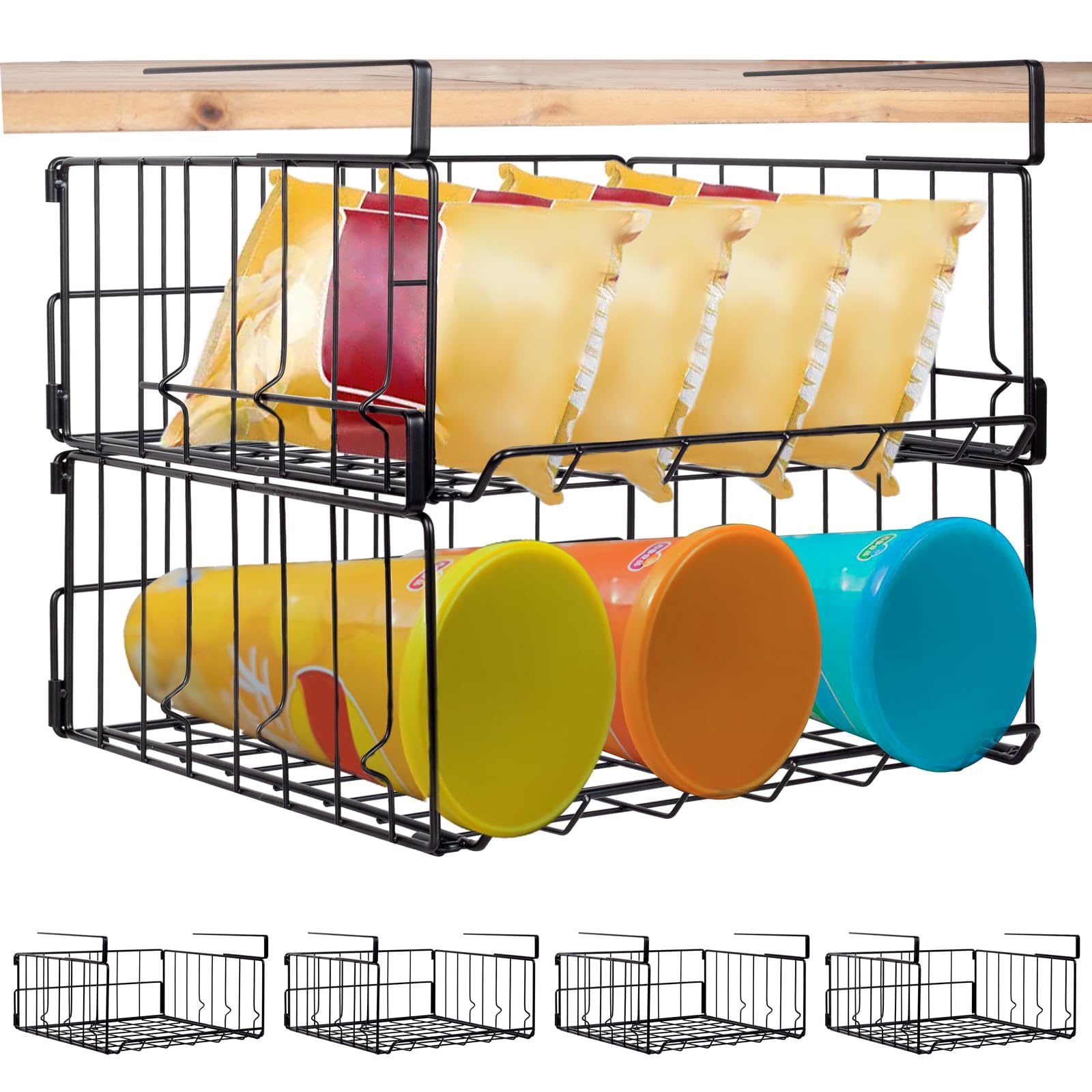 Hanging Under Shelf Storage Basket, 4 Pack Foldable Under Cabinet Metal Desk Storage Wire Rack Organizer for Kitchen Pantry Bookshelf Office Home, Easy to Install Slide-in Under Shelves (Black)