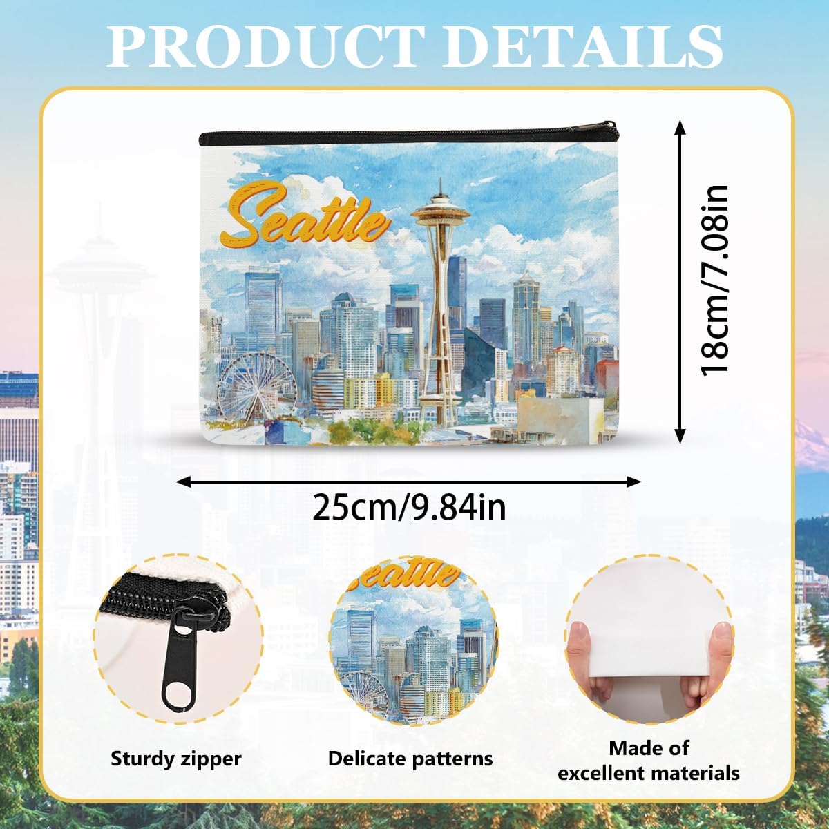Seattle Makeup Bag Gifts - Seattle Souvenirs Essentials Cosmetic Bag, Travel Toiletry Organizer Zipper Pouch for Women Girls Friend Tourist, Vacation Birthday Gift - Image 2
