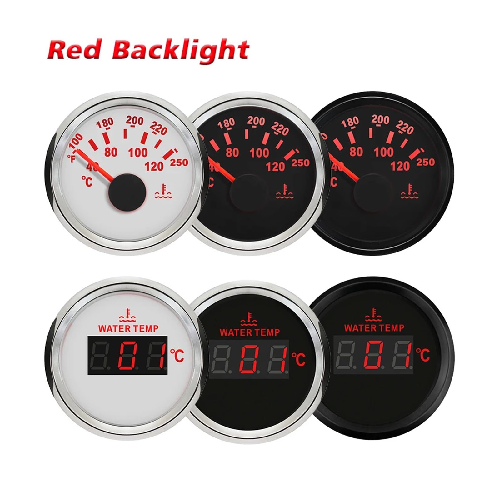 Medidor de temperatura del agua digital de 52 mm y 2 pulgadas, medidor de temperatura, 40-120 ℃ 9-32 V con luz de fondo roja Lectura clara(White silver)