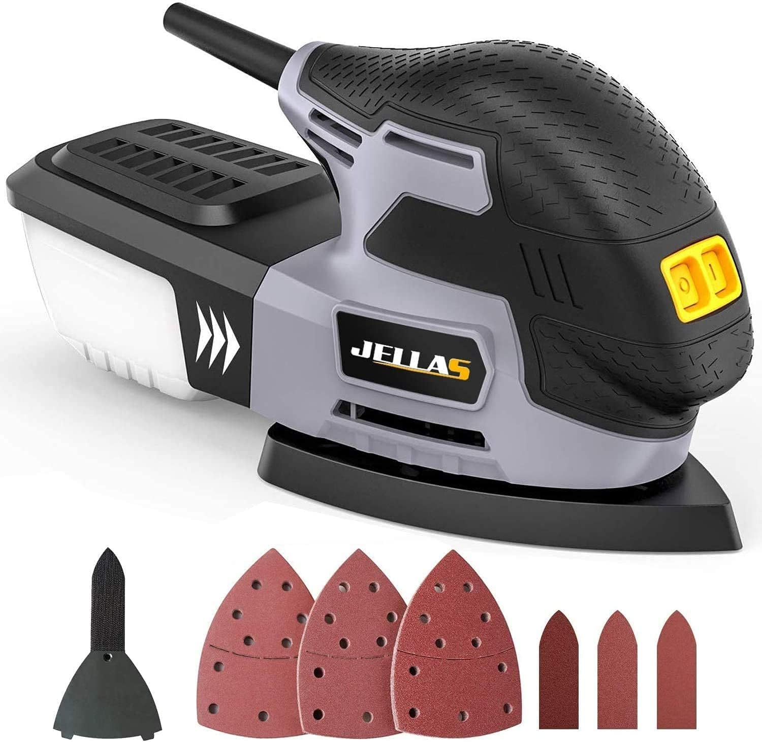 JELLAS Detail Mouse Sander, Compact Electric Sander for Wood, 13,000 RPM Sanders, 2 Amp Hand Sander with 12PCS Standard Sandpapers, Sanding Pads Included, MS220-SD - - 