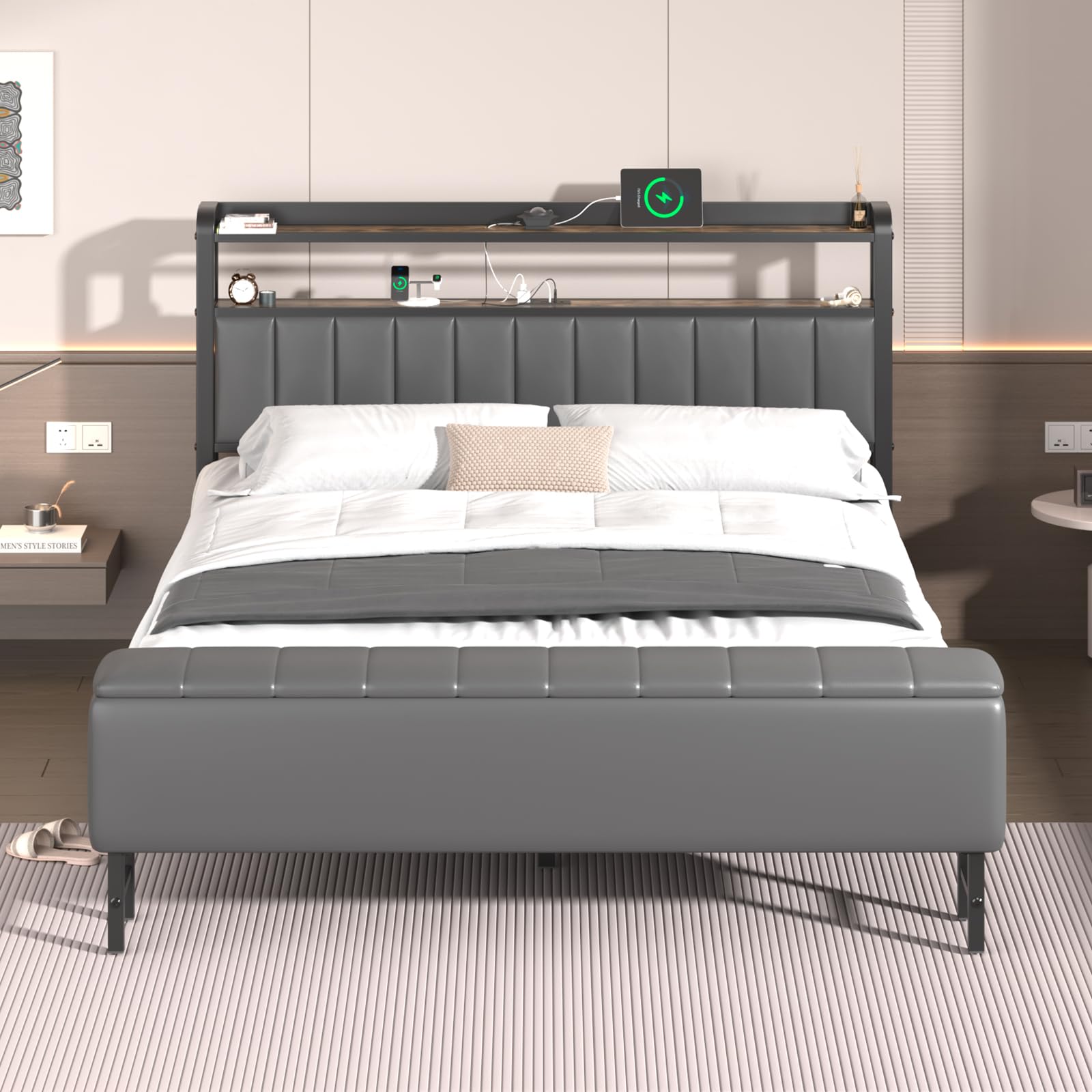 LoVinson Queen Size Bed Frame with Headboard & Star Projector, Metal Upholstered Bed Frame with Charging Station, Heavy Duty Bedframe with Storage