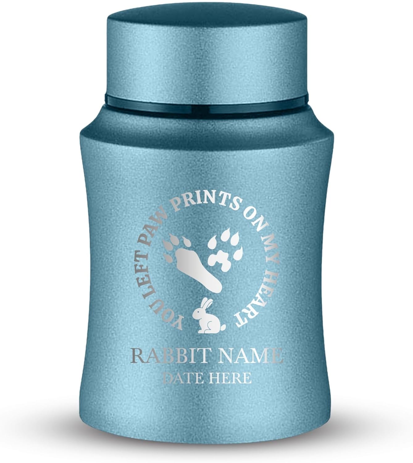 Customized Small Keepsake Rabbit Urn Personalized Engraved with Rabbit Name and Text - 4" Steel Cremation Mini Compact Urn for Rabbit Ashes, Powder Blue, 5–10 lb Capacity | Rabbit Paw Print