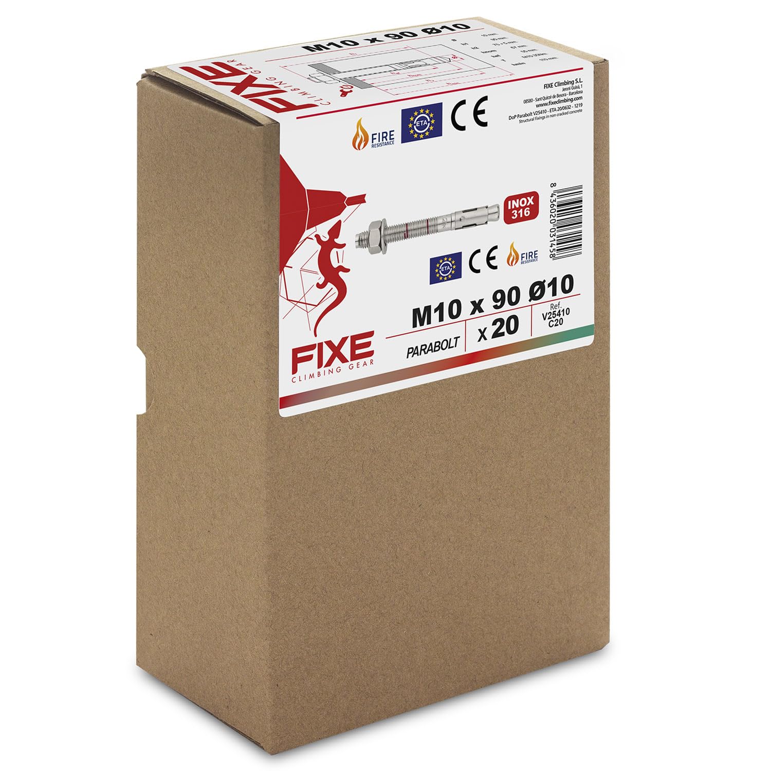 Fixe - Caja Parabolt de Expansión M10x90mm 20u - Acero Inoxidable 316L, 25kN - Exteriores - Certificado ETA - Punto de Anclaje Escalada y Trabajos Verticales