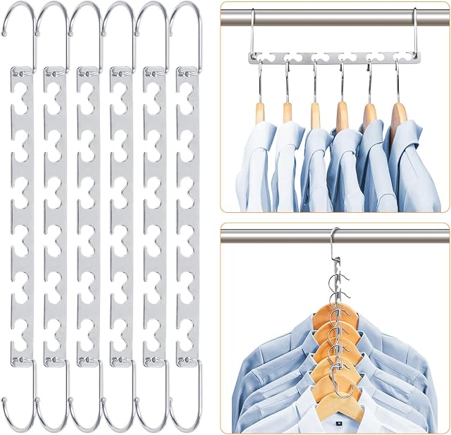Sindax 6pcs Magical Space Saving Hangers, Stainless Steel Durable Hangers for Clothes, Portable Closet Wardrobe Storage Organiser for Trouser Coat and Suits