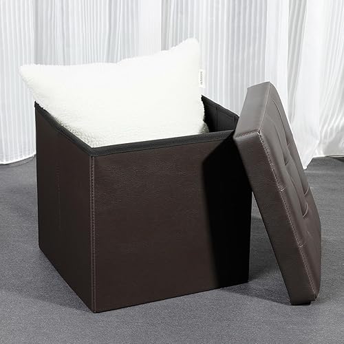 Miniatura 2 de B FSOBEIIALEO - Taburete otomano plegable de almacenamiento con reposapiés de piel sintética, 1 unidad Marrón,Negro