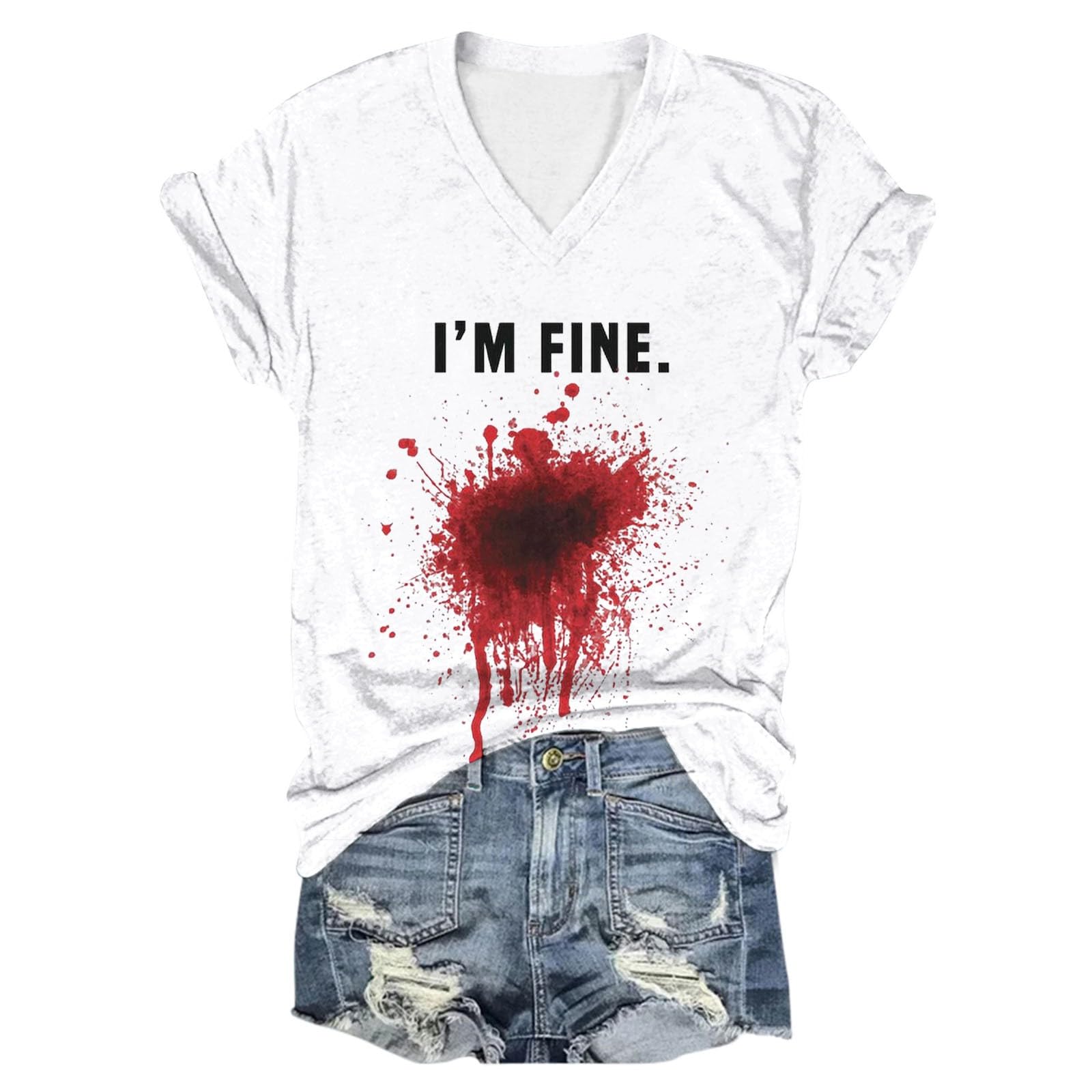 Halloween Costume I'm Fine Bloody T Shirt Shirt with Blood Shirt Blood Splatter Shirt Bloody Halloween Im Fine Costume (Light Gray, M)