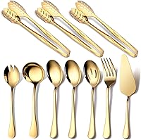 OGORI 10-Piece Gold Serving Utensils Set - Polished Stainless Steel Spoons, Tongs, Forks, Ladle & Pie Server for Elegant Dining