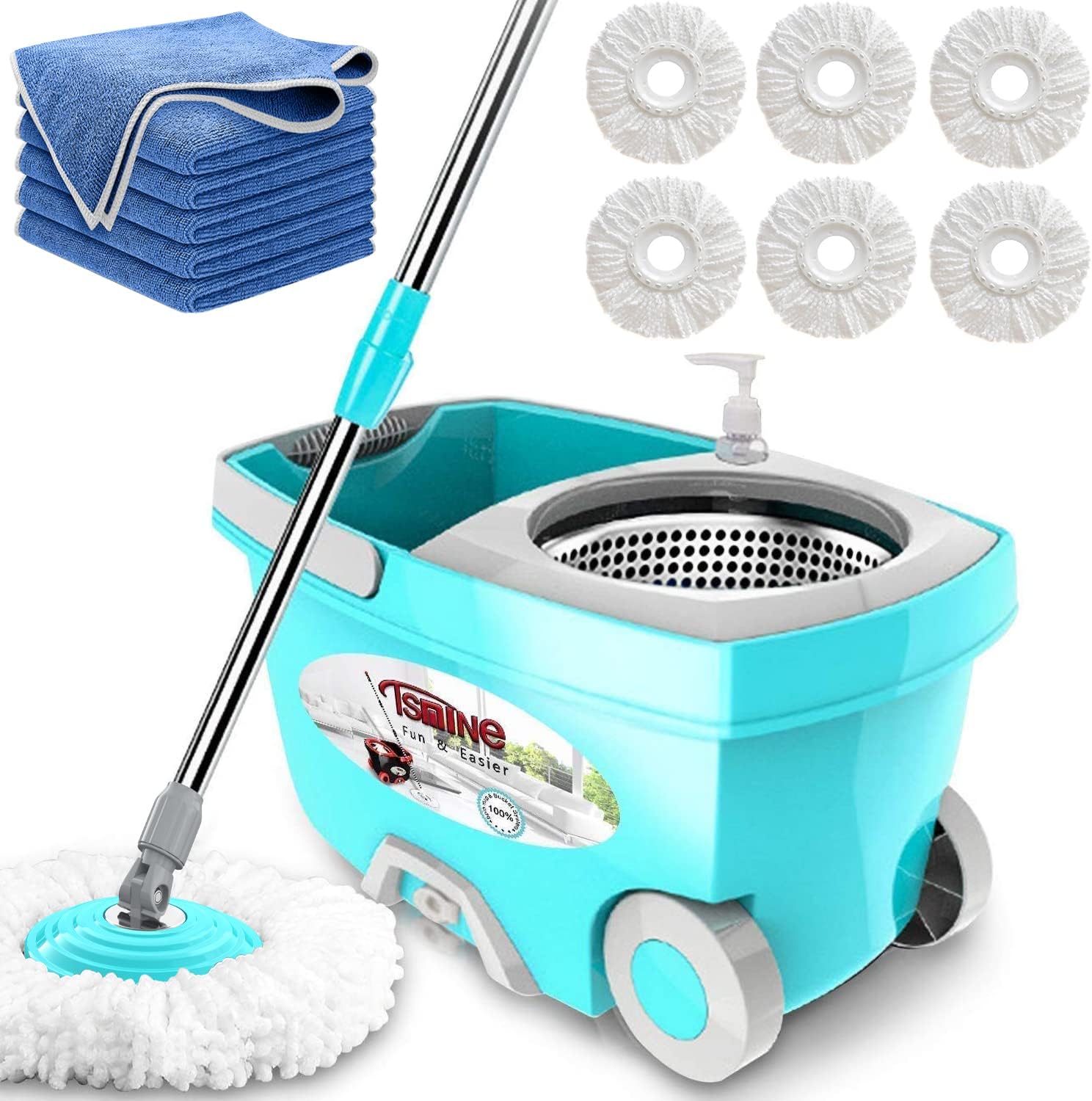 Microfiber Floor Mops for Floor Cleaning, Wood Floor Mop Commercial Spin Mop and Bucket with Wringer Set, Wet and Dust Mopping with 6 Replacement Mop Heads & 6 Cleaning Cloths for Home Kitchen
