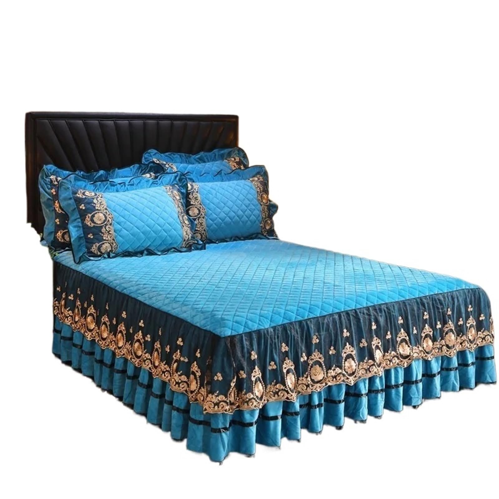Lace Bed Skirt Bedspreads Bedding Thicken Velvet Plush Quilted Embossing Spread For Home(Color-08,2 Pillowcase 48x74cm)