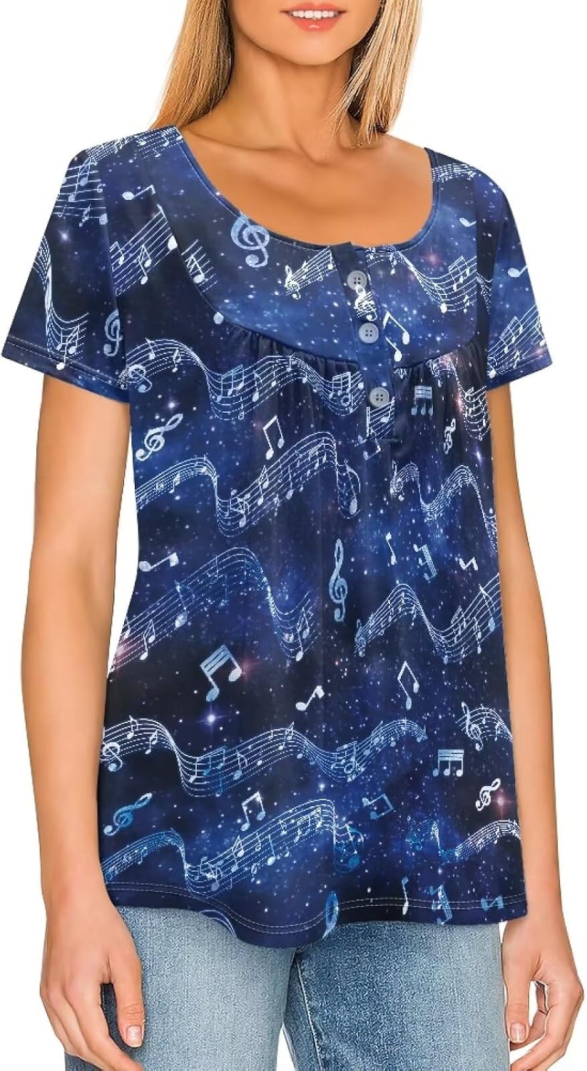 Rose Tunic Tops for Women Blue Rose Short Sleeve Flare T-Shirts Rose Flowers V-Neck Button Up Pleated Top