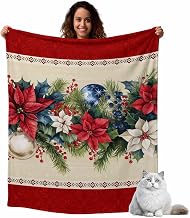 Flannel Throw Blanket for Couch Sofa Bed,Xmas Poinsettia Fir Leaves on Red Soft Cozy Warm Fuzzy Blanket 30x40in,Fleece Blanket for Travel Camping All Seasons Use,Christmas Pine Cones Berry