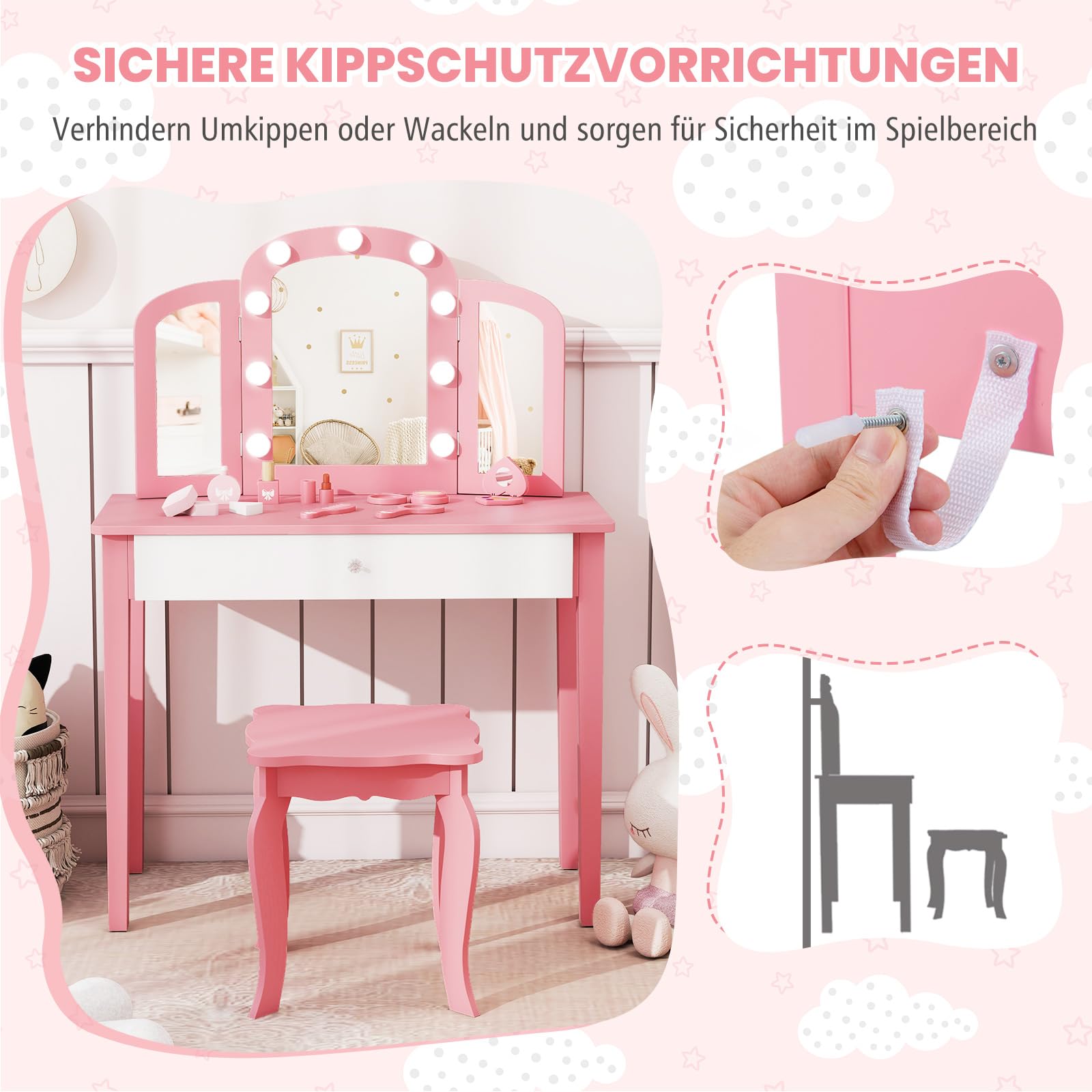 COSTWAY 2 in 1 Kinder Schminktisch mit Beleuchtung, Frisiertisch mit Schublade, klappbarem & 3 farbigem Spiegel, Prinzessinnen Kosmetiktisch mit Hocker, Schminkkommode für Mädchen ab 3 Jahren (Rosa)