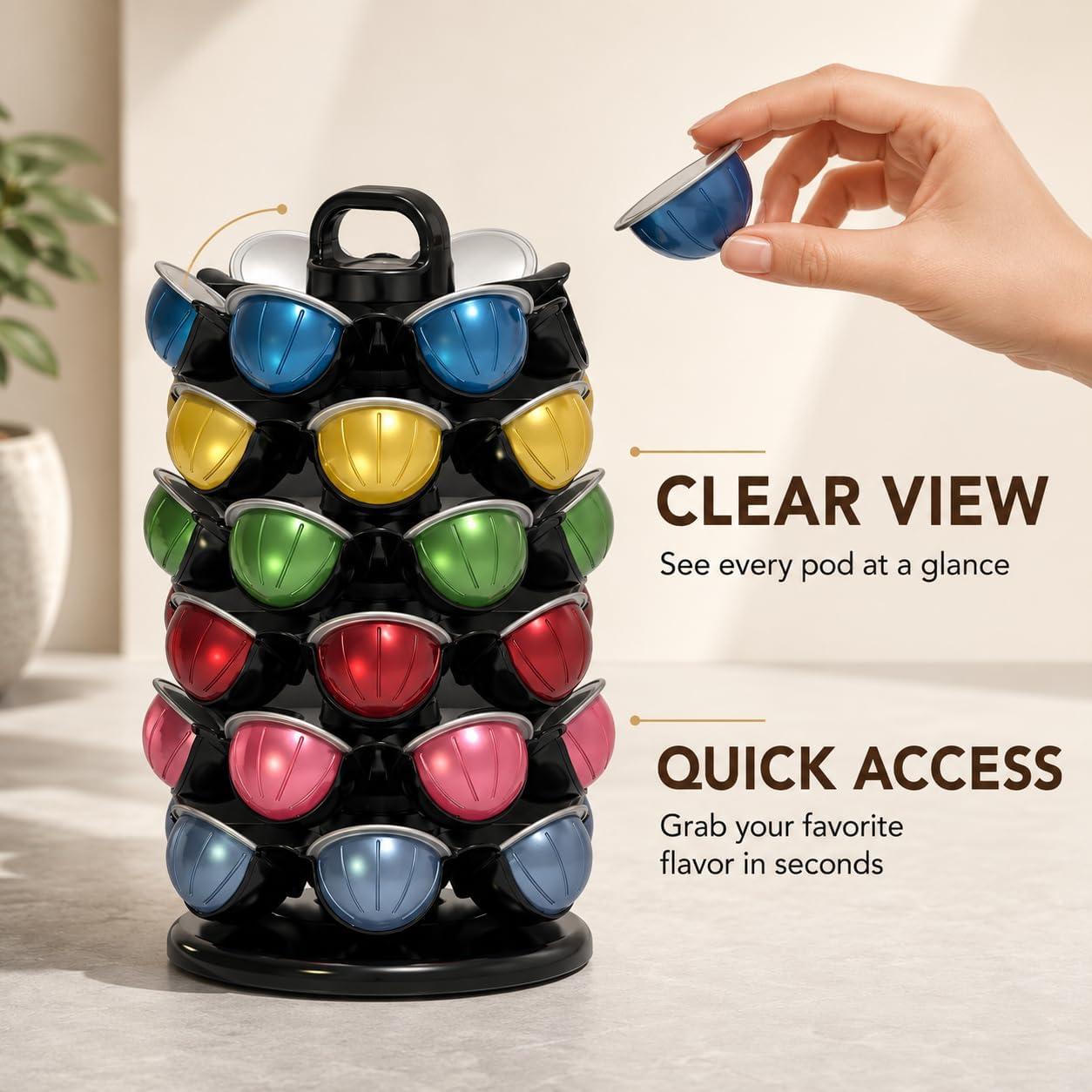 LifeMoreasy Coffee Pods Holder for Nespresso Vertuo, 36 Pods Capacity Coffee Capsules Carousel Organizer, 360° Rotating Stand Storage for Vertuo Capsules Kitchen Countertop Office