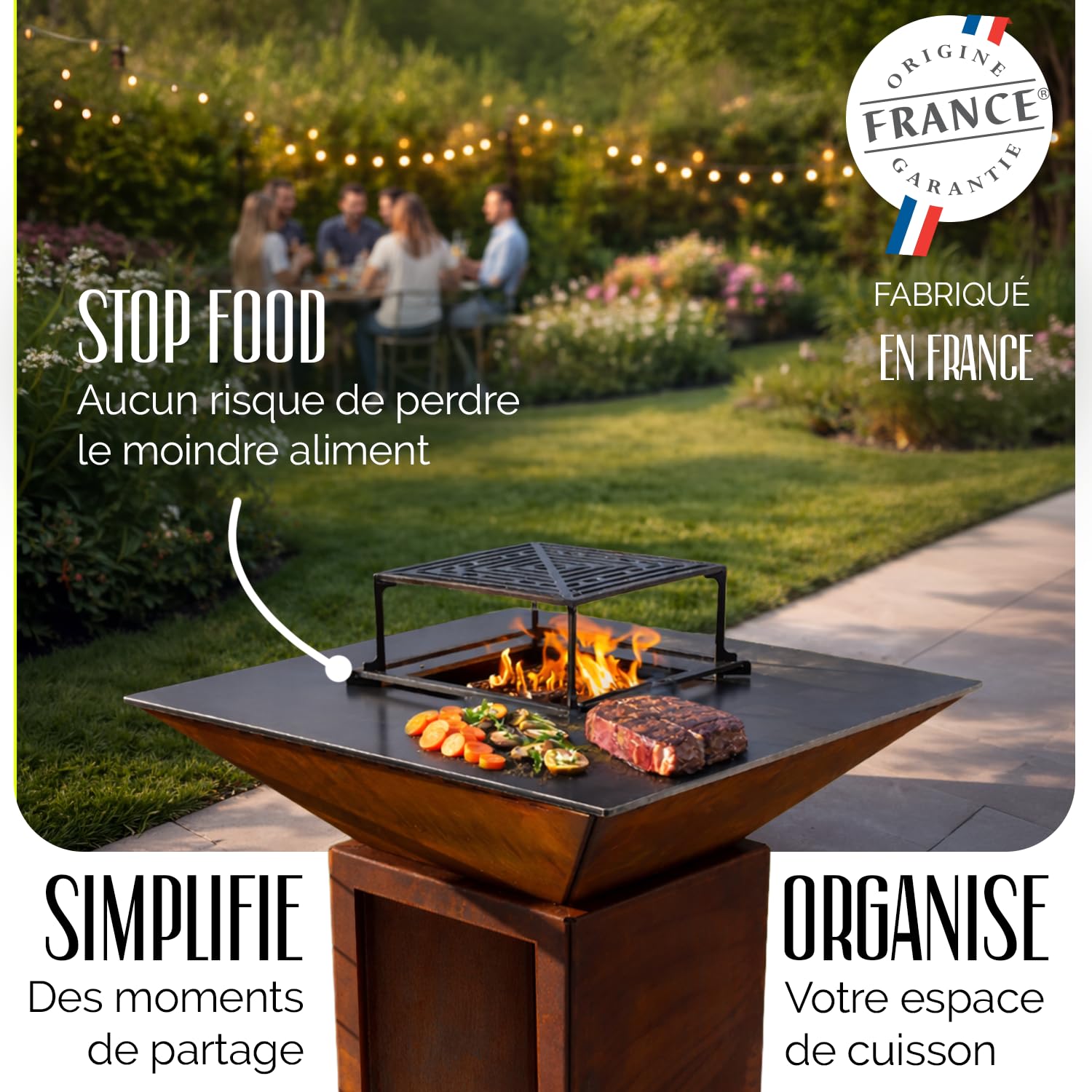 GRILL'CHIC - Pack Privilège Brasero Cévenol Corten Bois Carré - Simple Cuve - Avec Bâche + Grille + Stop Food Inclus - À Assembler - Fabriqué en France - 74 L x 74 P x 89 H cm