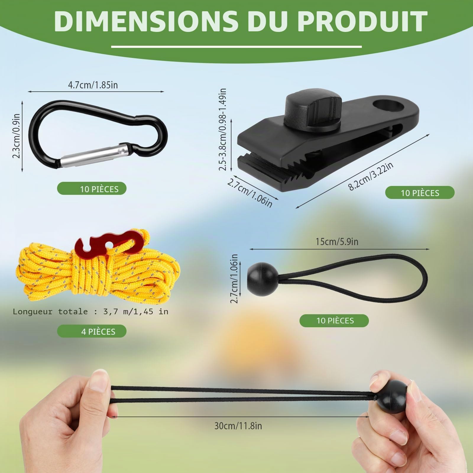 Dadabig Lot de 30 Clip de Bâche Tente, Clip de Bâche Multifonctions Pinces pour Tente, Pince pour Bâche avec 10 Cordon Élastique Noir, 10 Mousquetons, 4 Cordes de Tension Coupe-Vent