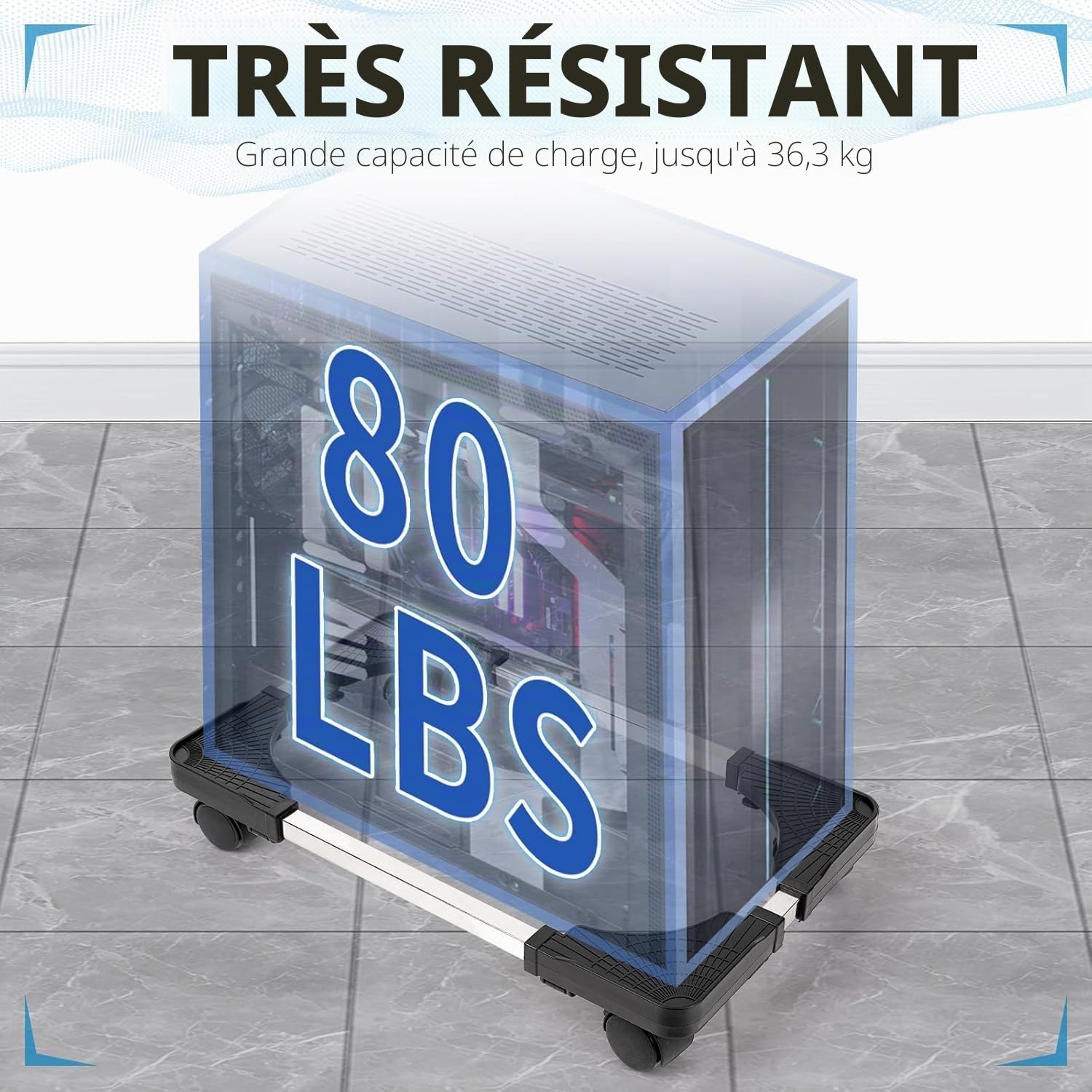Support PC Fixe Réglable Stand avec 4 Roues Roulettes, 2 Roues Verrouillables Noir