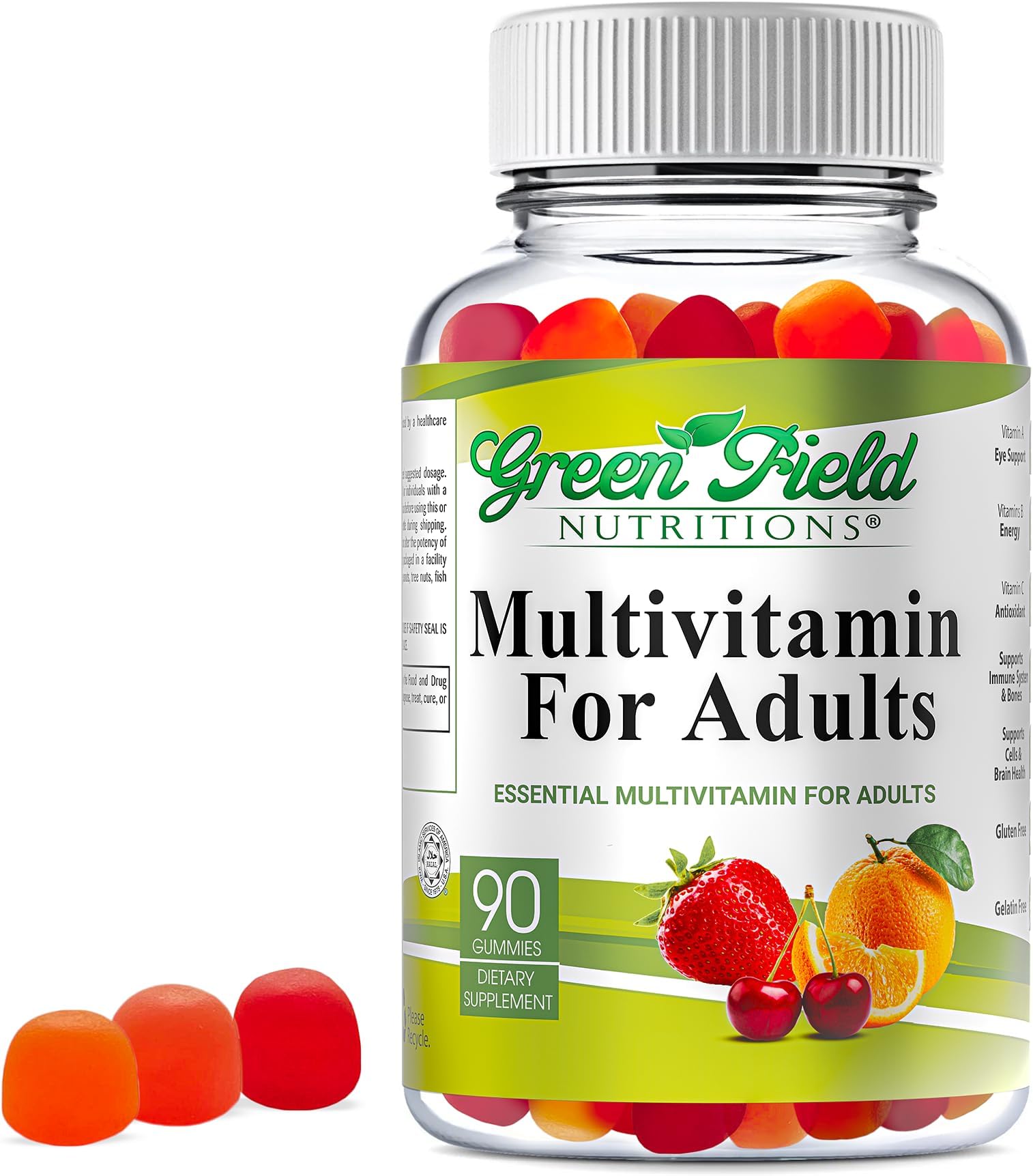 Greenfield Nutritions Halal Multivitamin Gummies for Adult - Gelatin-Free Chewable Multivitamin with Vitamin D3, B6, B12, Zinc & C – Halal Vitamins for Men and Women (90 Count)