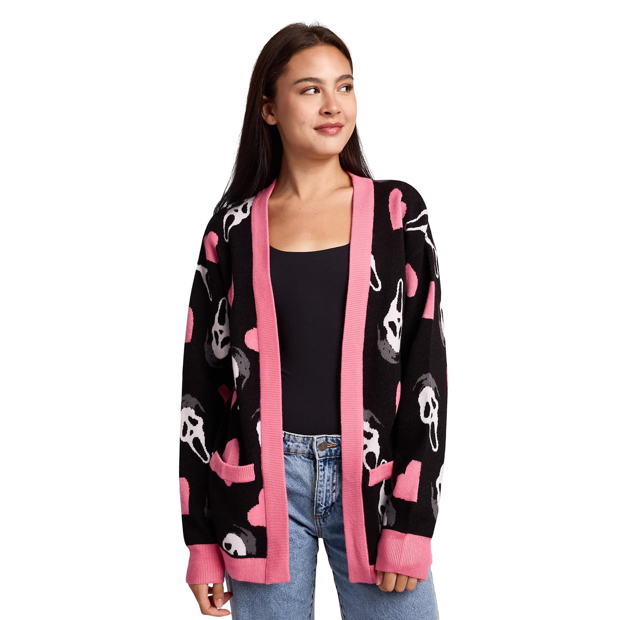 Ghostface Hearts All-Over Print Womens Black Long Sleeve Cardigan