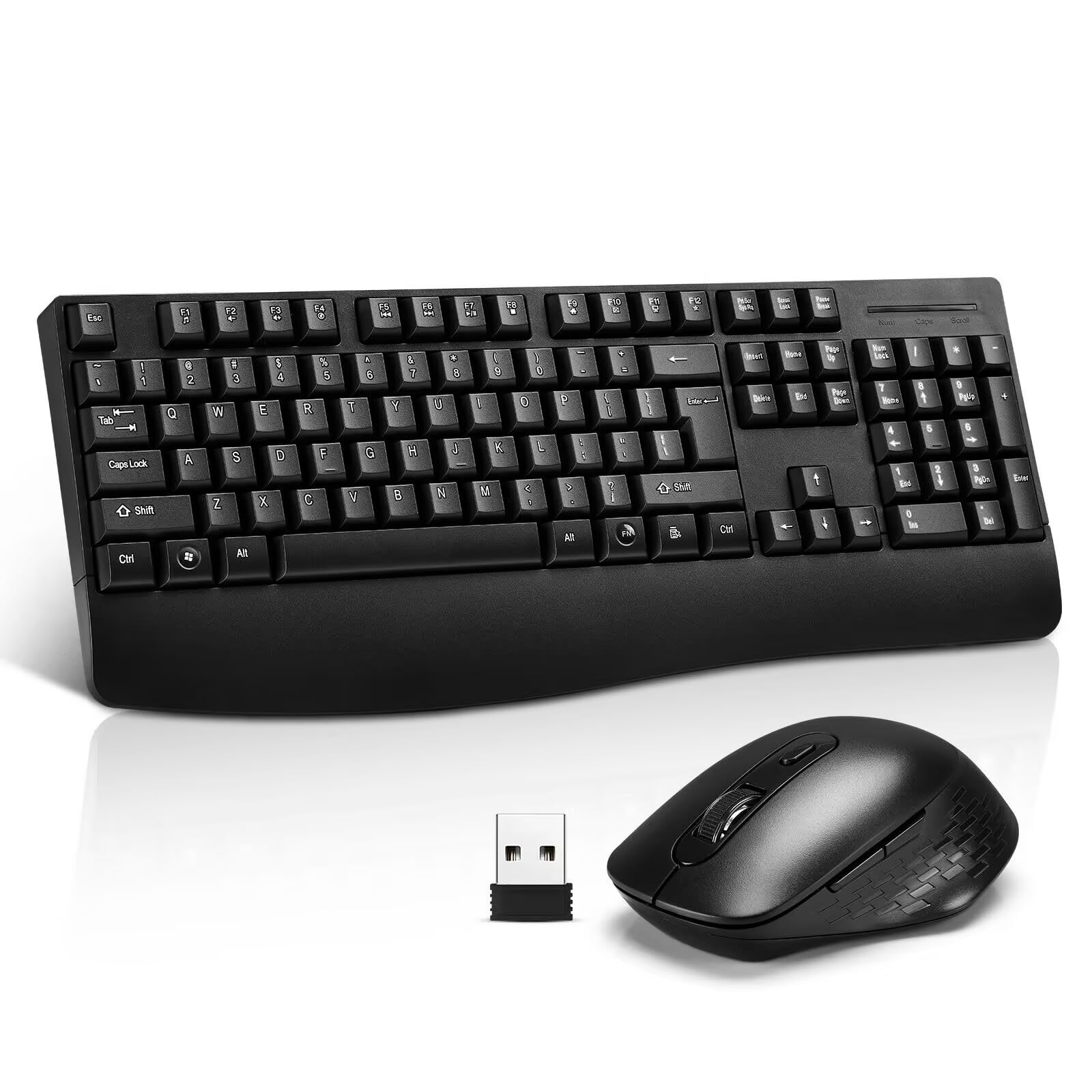 Wireless Computer Keyboard And Mouse Combo with Palm Rest, Large Number Pad, LED Indicators，2.4Ghz Ergonomic, Foldable Stands,Anti-Wear Letters Full Size Keyboard for Windows Mac PC Laptop-Black