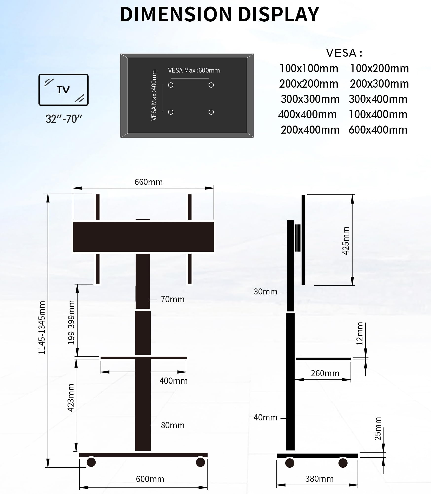 Delphos Mobiler TV Ständer Rollbar mit Holzfuß, Fernsehständer für 32-70 Zoll Fernseher bis zu 45 kg, Hoehenverstellbar bis ca.130 cm Drehbar ±25° Max.VESA 600x400