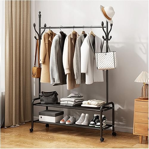 Hall Tree with Hooks Single Rod Coat Hanging Rails Portable Movable Garment Rack Heavy Duty Metal Clothes Stand with Lower Storage Shelves for