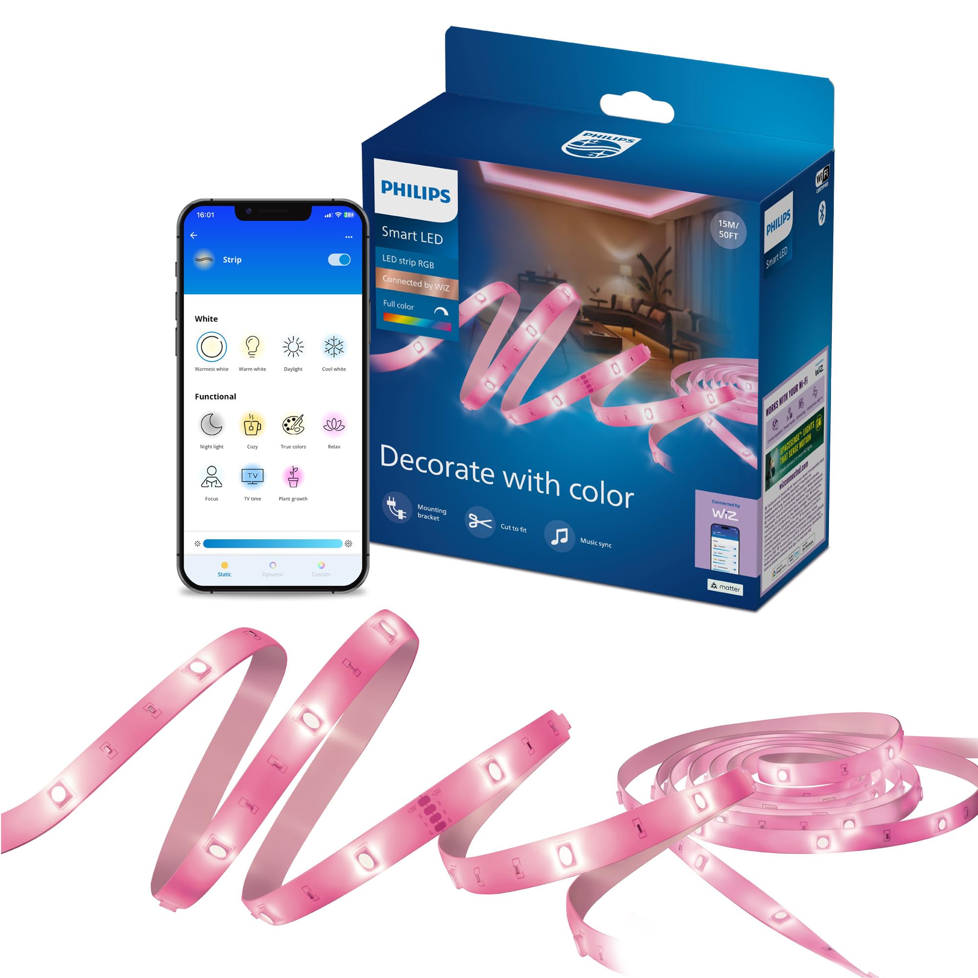 Philips Smart LED, Bande LED RGB avec Lumière Multicolore, 15m, Blanc