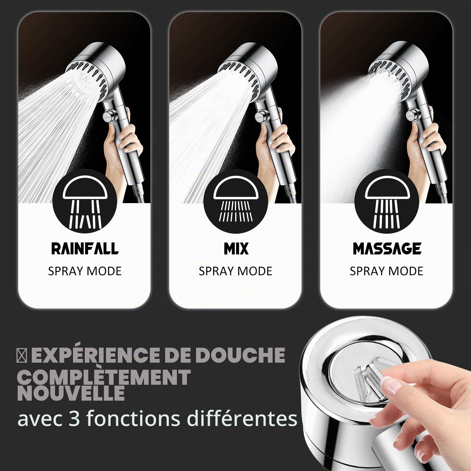 Pommeau de Douche Anti Calcaire avec 15 Étapes Filtre et Tuyau 2M Pomme de Douche Économie D'eau Haute Pression Douchette Douche Salle de Bain Filtrant avec 3+1 Types de Jets et Bouton D'arrêt(Argent)
