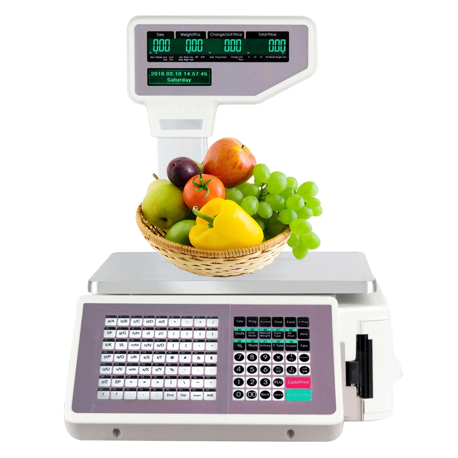 Fablestoryem Silver Digital Price Label Printing Scale, Electronics Barcode Scale Cash Register For Supermarket Convenience Store, 30Kg Double-Sided Lcd Display, Digital Price Computing Scale Thermal Printer
