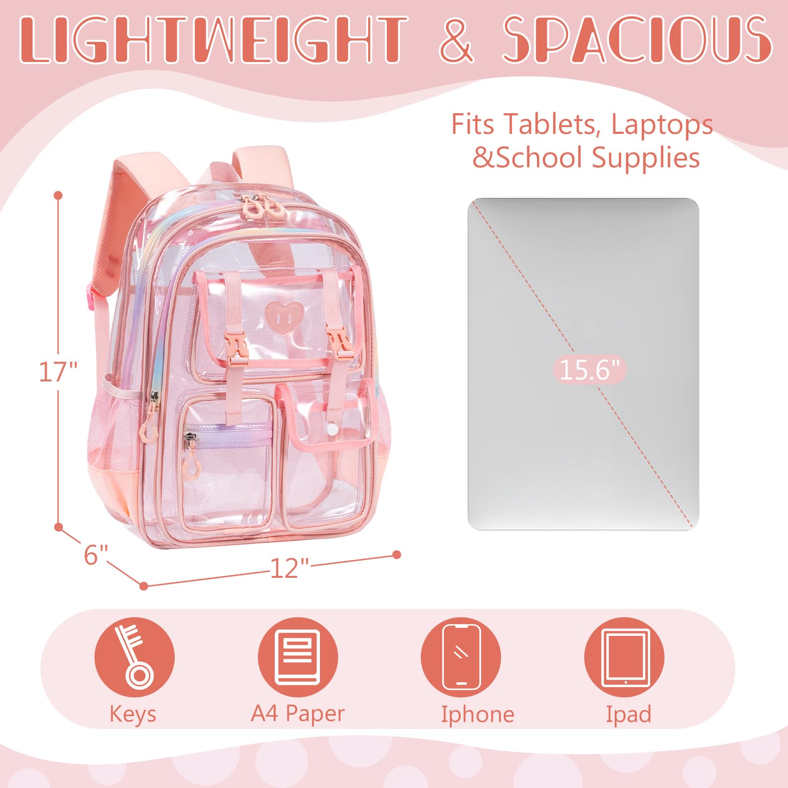 Zaino scolastico trasparente impermeabile – Zaino trasparente trasparente per stadi per ragazzi e ragazze, scuola, viaggi, rosa, Zaino daypack