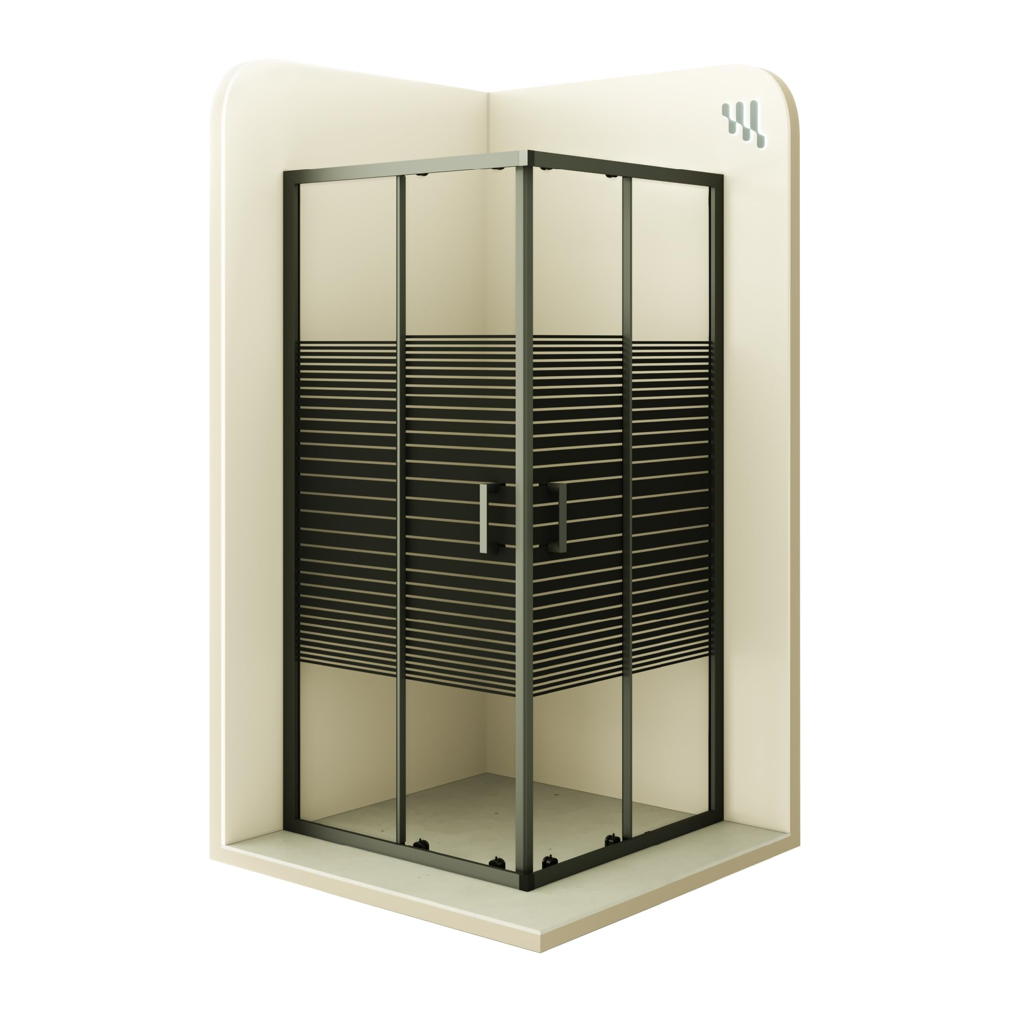 Mampara de Ducha Diana 75x75x180cm | REVERSIBLE | Puertas correderas, Ajuste 72,5-74,5 x 72,5-74,5cm | Perfiles Negros, Cristal serigrafiado con líneas horizontales de 6mm