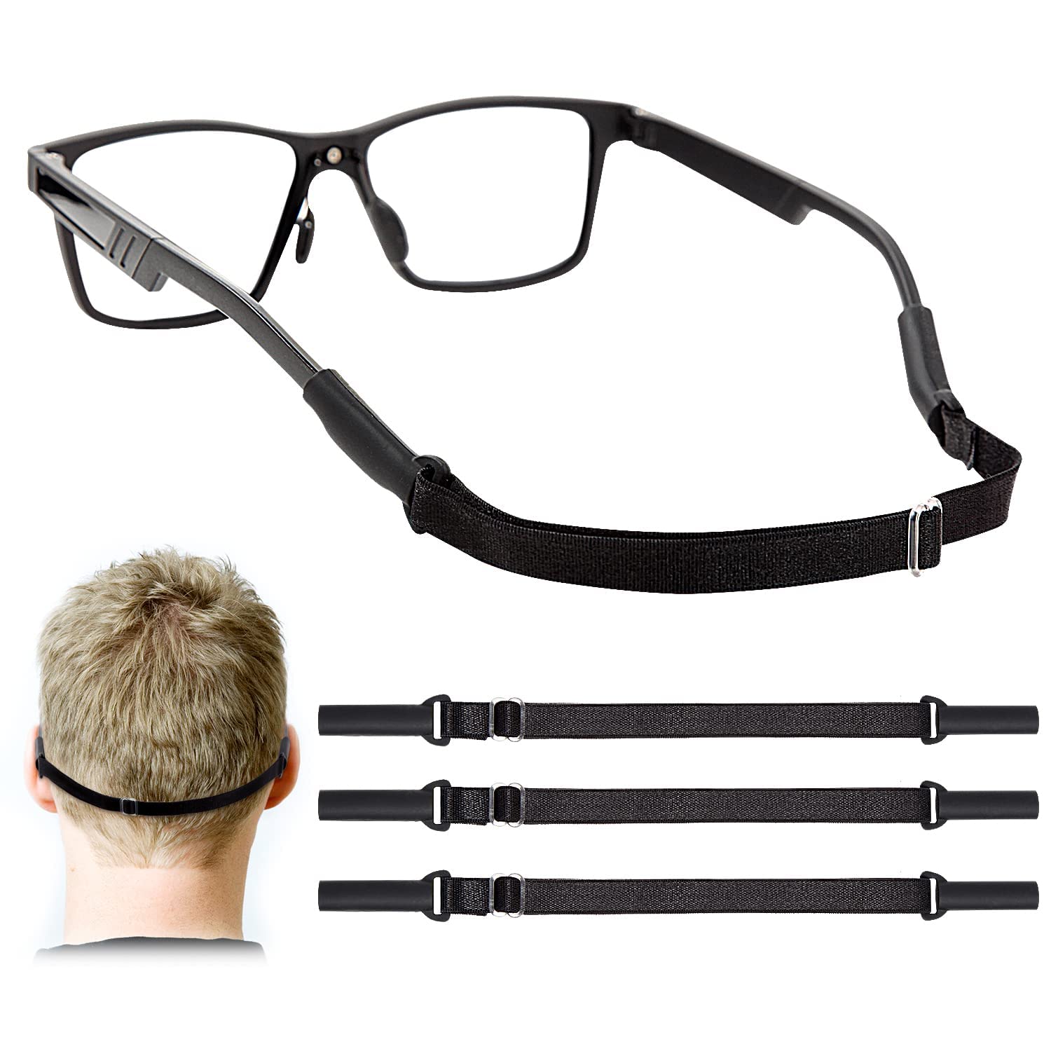 Cinghie regolabili per occhiali, 3 pezzi, senza coda, regolabili, per occhiali da uomo, per bambini, per occhiali da donna, colore nero, taglia normale, Nero, Regular
