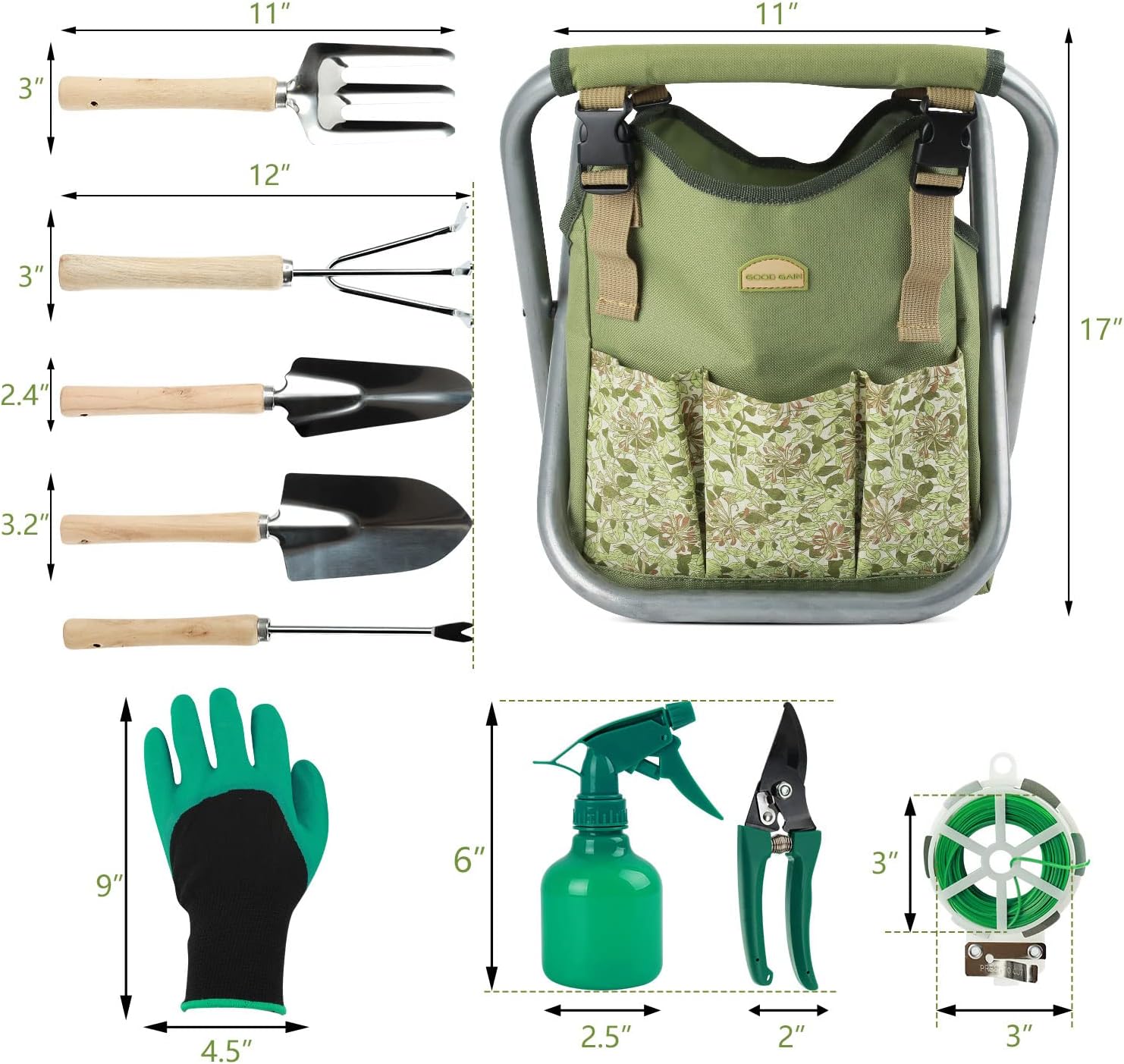 12 pcs Garden Tools Stool, Gardening Hand Tools Set with Folding Chair Seat and Garden Storage Tote Bag, Garden Tools Carrier, Digging, Gardening Gifts Set for Mom/Dad and Gardeners. Green