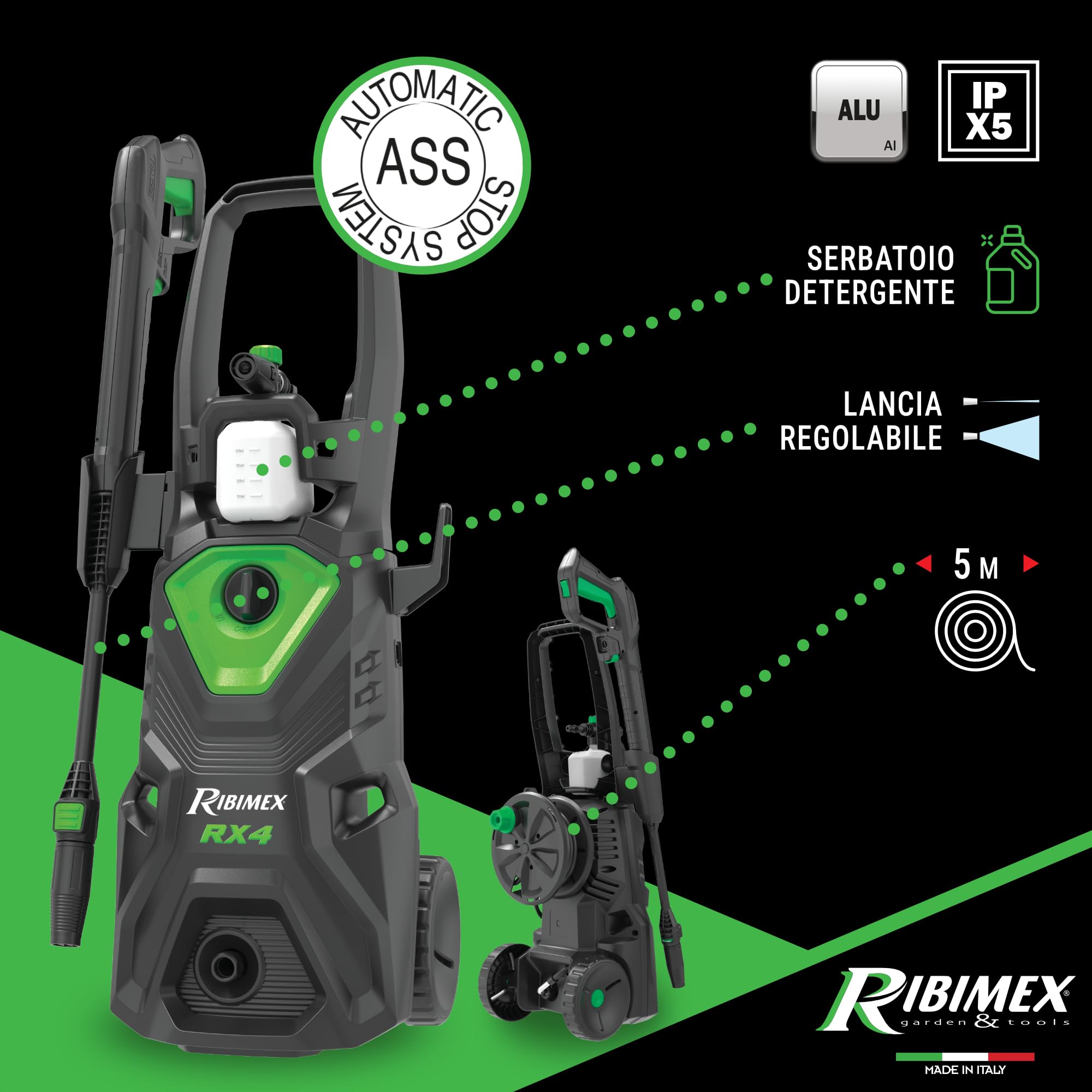 Idropulitrice Ribimex RX4 - 2200W, 160 Bar, 480 L/h, Serbatoio Detergente, Avvolgitubo, PRNHP04