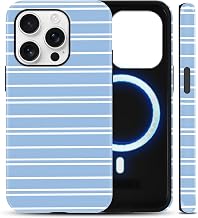 Horizontal Striped Phone Case Magnetic for iPhone 16E/iPhone 17E 6.1" | Aesthetic Stripes Stripe Blue White Design Cases Hybrid 2-Layer Compatible with MagSafe Phone Cover for Girls Women Funda