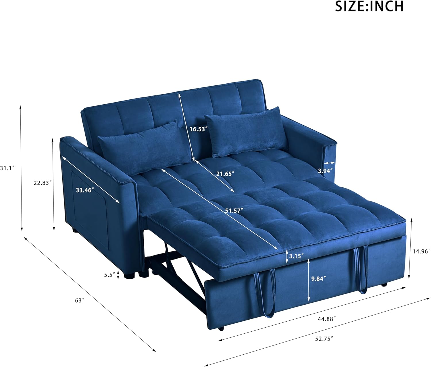 65.35 Inch 3 in 1 Convertible Futon Sofa Bed,Modern Pull Out Couch Bed,Adjustable Backrest,Velvet Loveseat Sofa Sleepers with 2 Pillows & Pockets for Living Room Apartment