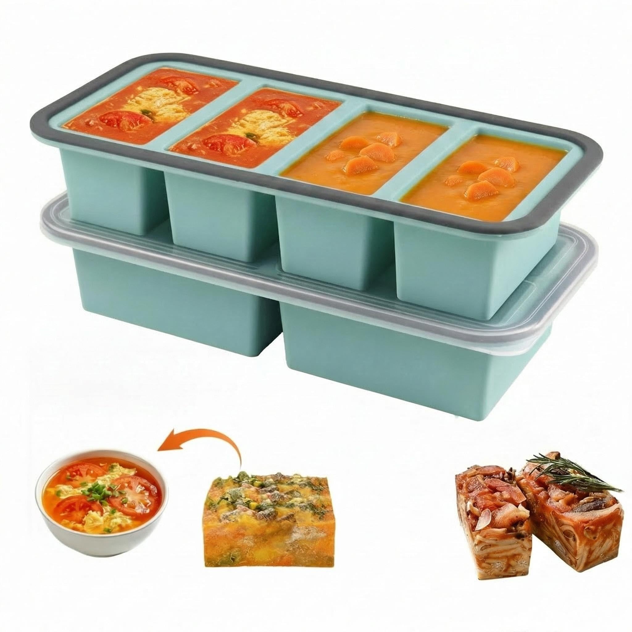 2 Piezas Molde para Congelar Sopa, 125ml/250ml/500ml Bandeja de Silicona para Congelador, Extra Grandes Moldes de Congelador de Sopa con Tapas para Caldo, Sopa, Sobras, Salsa (2+4 Compartimentos)