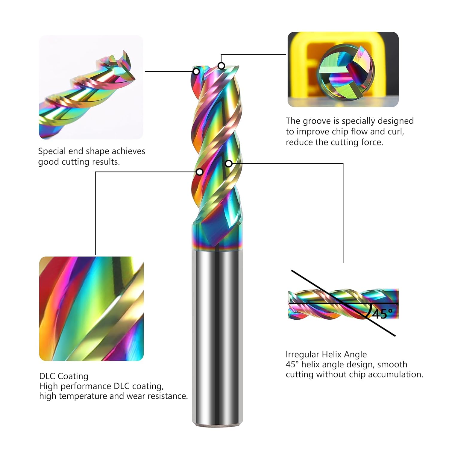 5pcs 1/4" Solid Carbide Flat End Mills Set 3 Flute Diamond-Like Coating End Milling Cutter for Aluminum,Copper,Magnesium Alloys