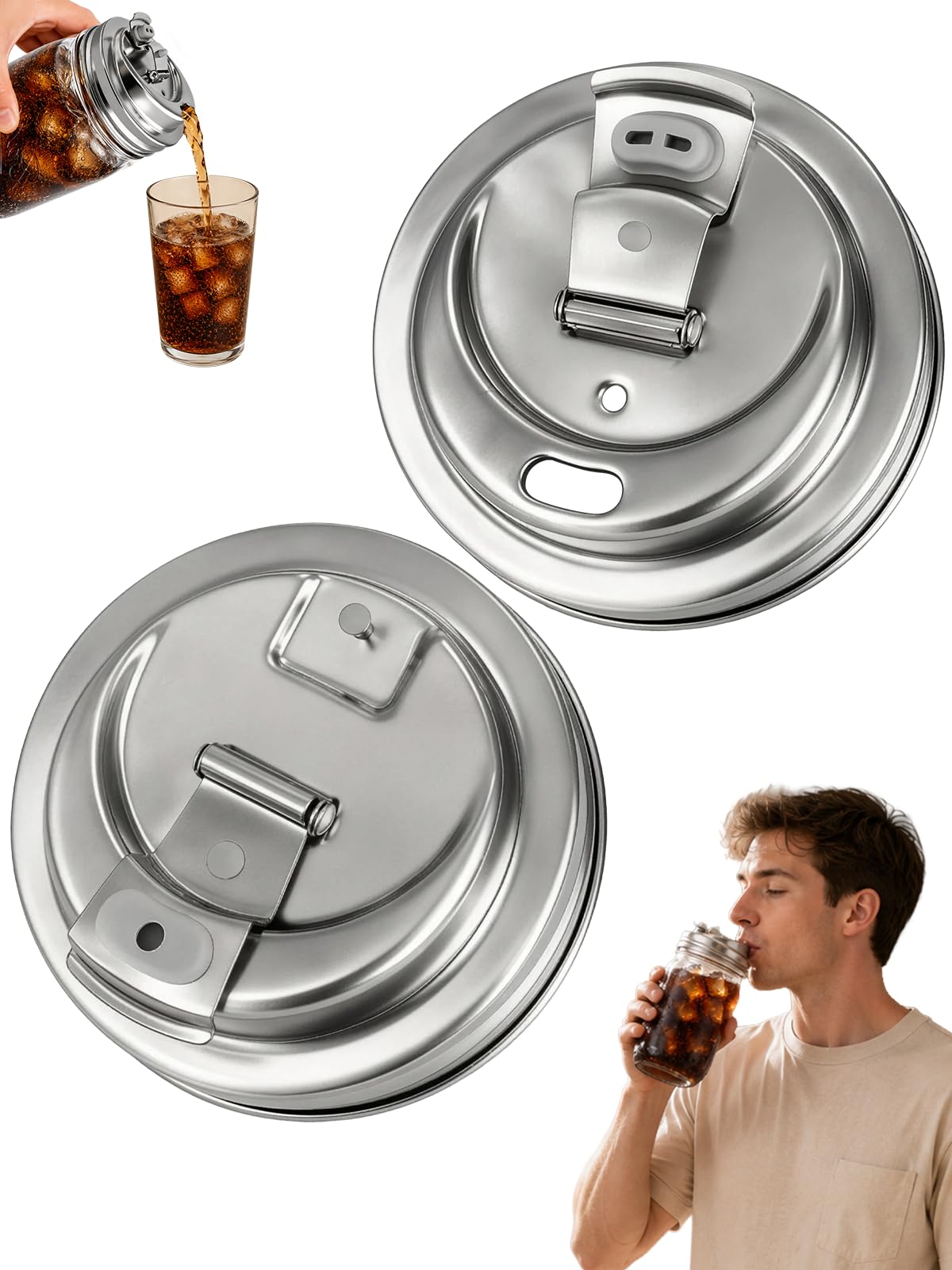 2Pcs Wide Mouth Mason Jar Drinking Lids, Leak Resistant Stainless Steel Lid