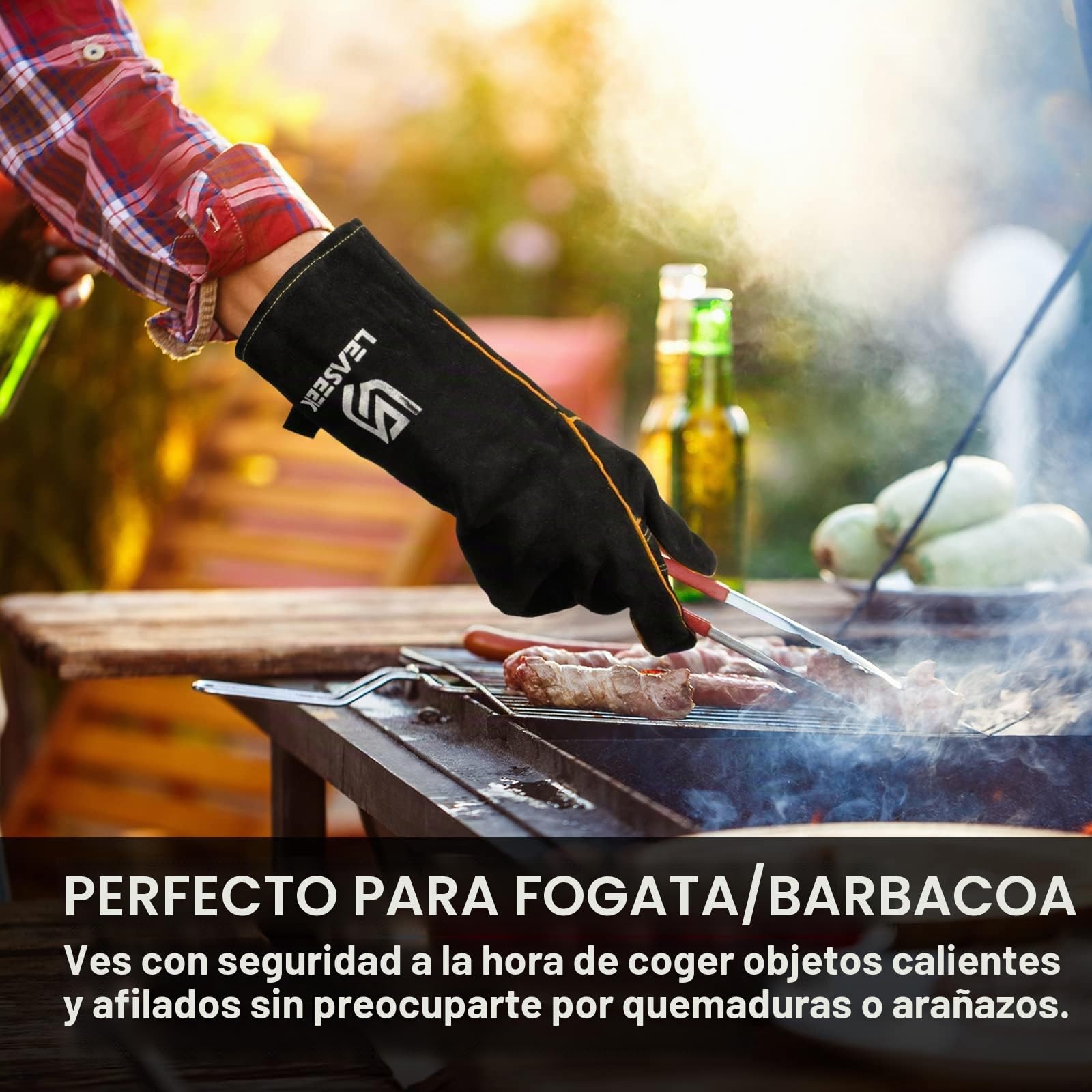 LeaSeek Guantes de Soldadura,Guantes de cuero resistentes para barbacoas (parrillas), soldadura y chimeneas. Resistentes al calor e ignífugos (14-inch, Negro)